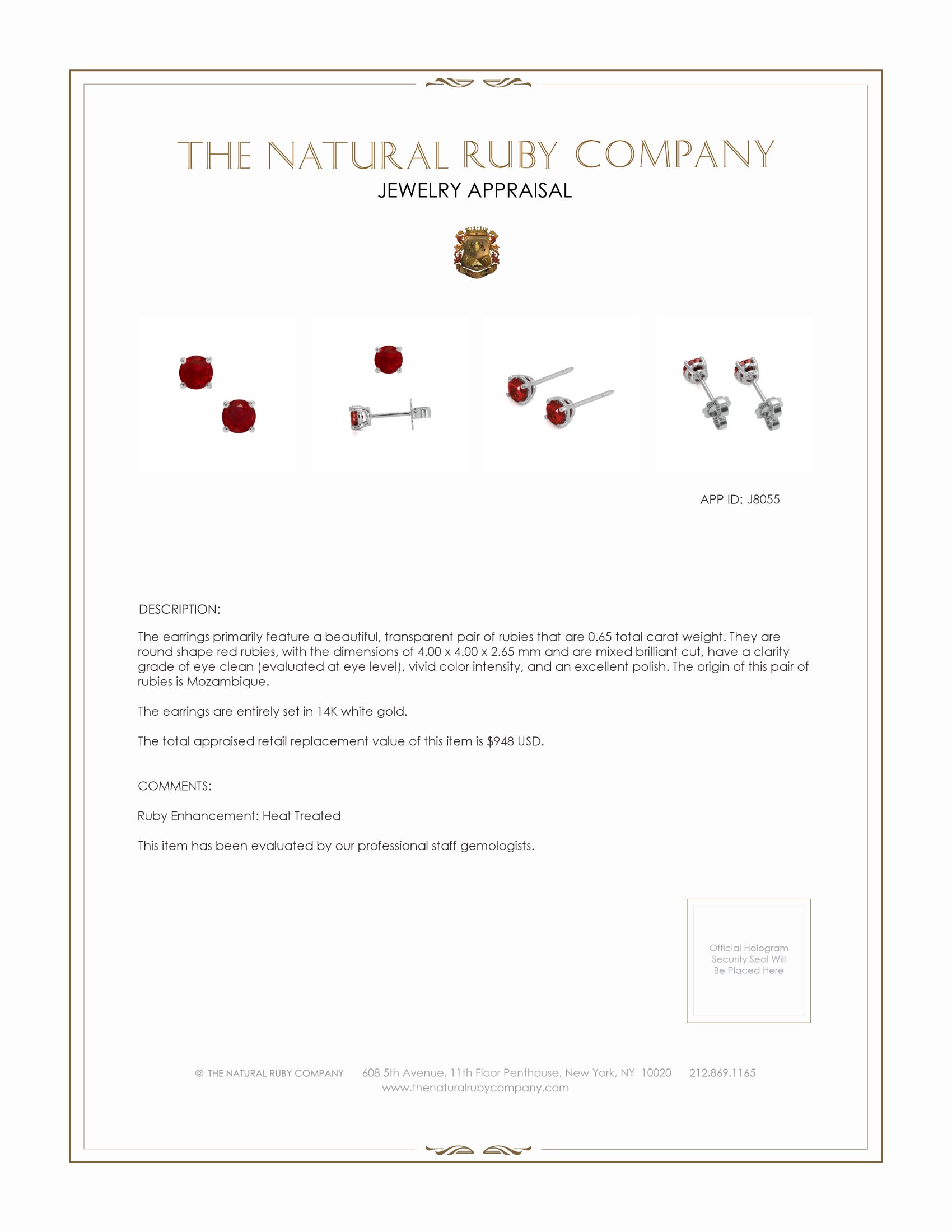 0.65 Ct.Tw. Ruby Studs Earrings, 14K White Gold