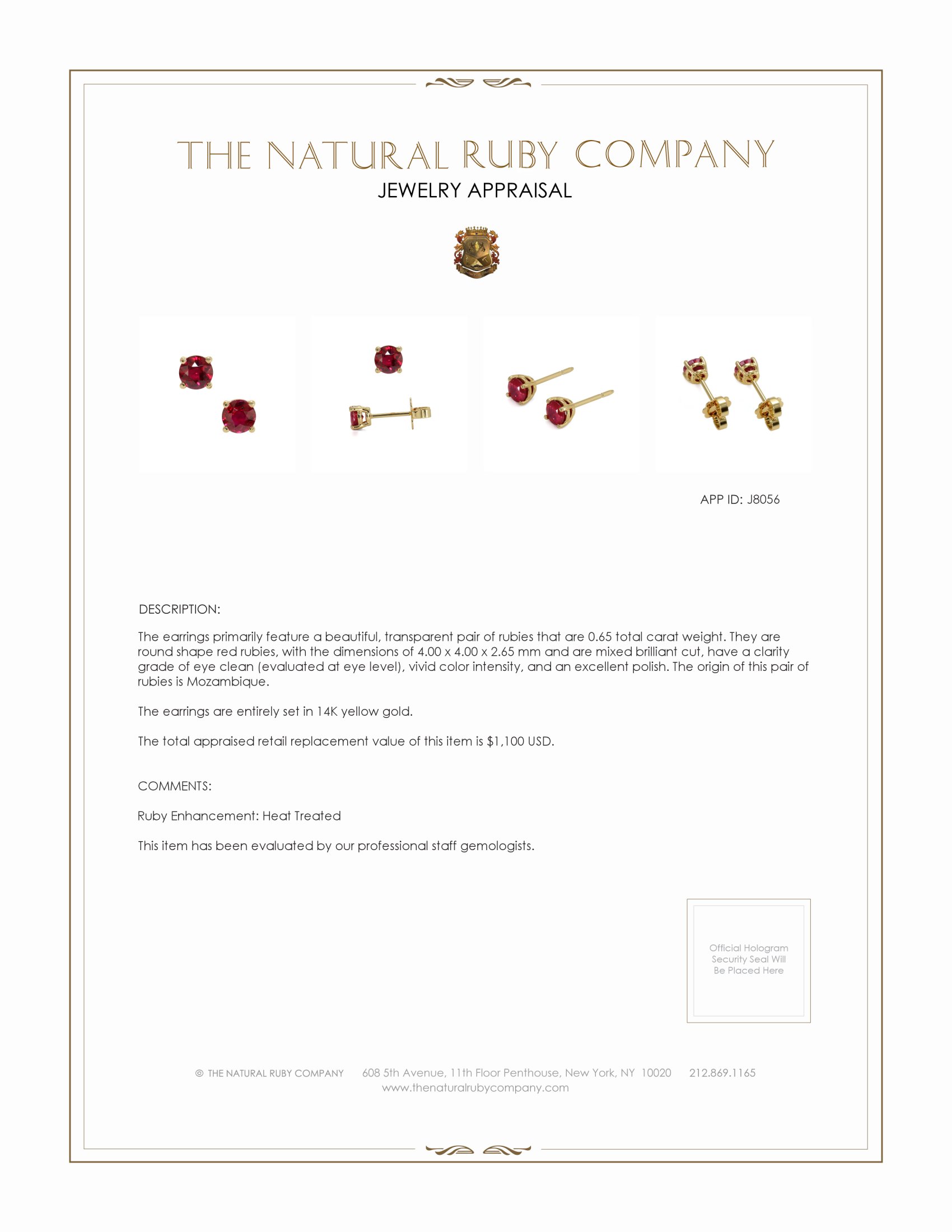 0.65 Ct.Tw. Ruby Studs Earrings, 14K Yellow Gold