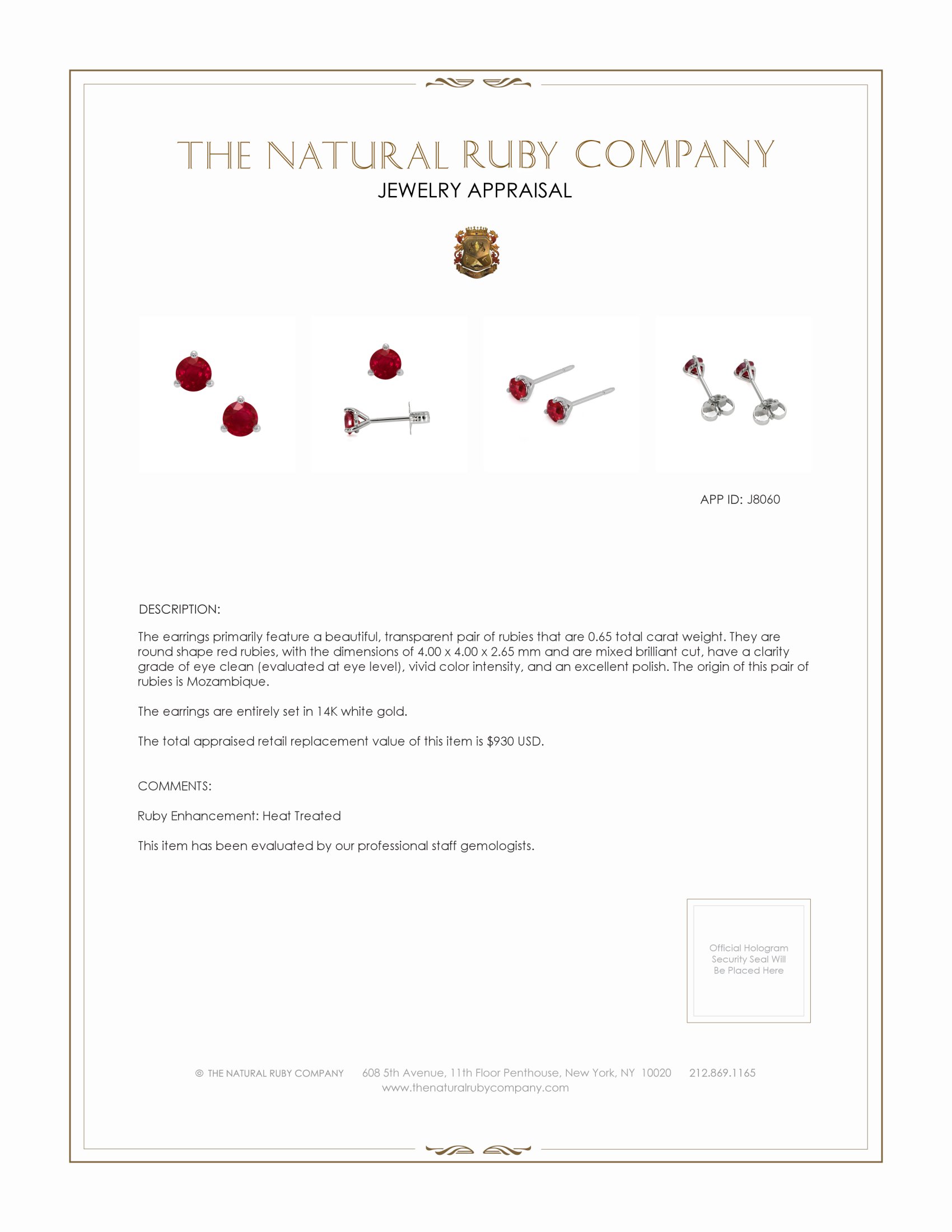 0.65 Ct.Tw. Ruby Studs Earrings, 14K White Gold