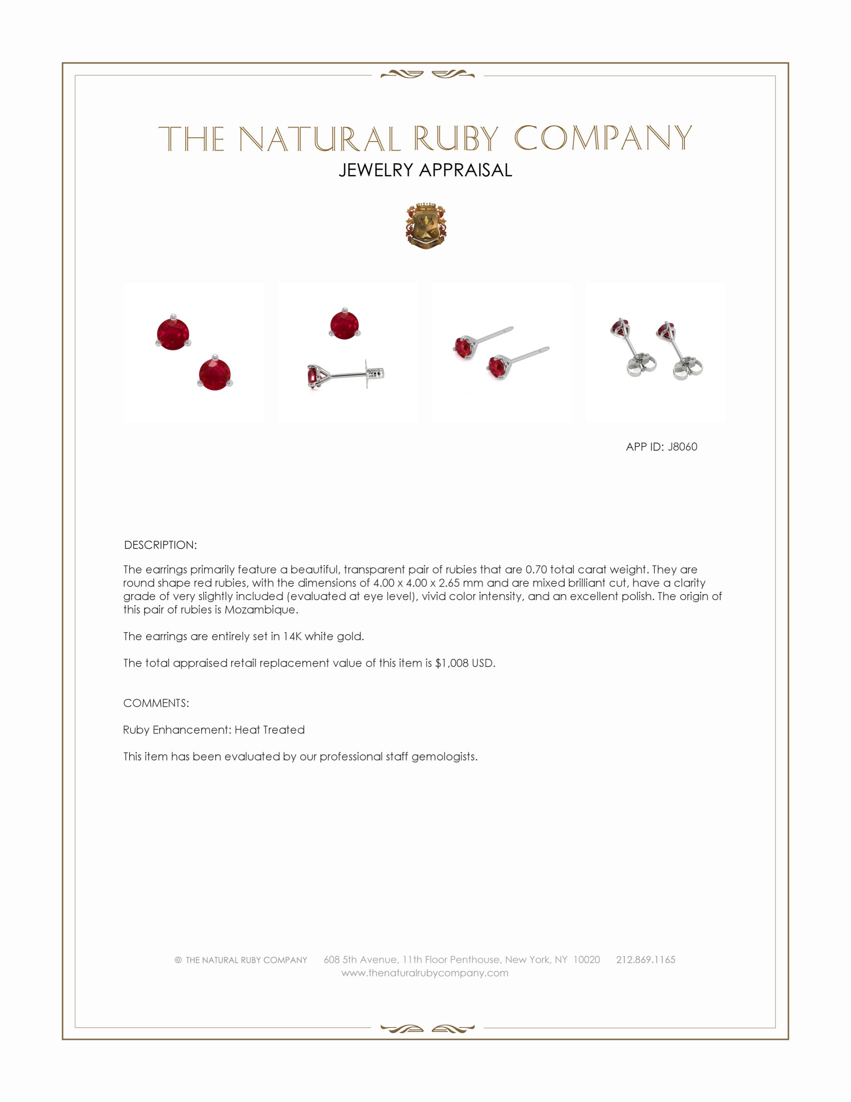 0.70 Ct.Tw. Ruby Studs Earrings, 14K White Gold