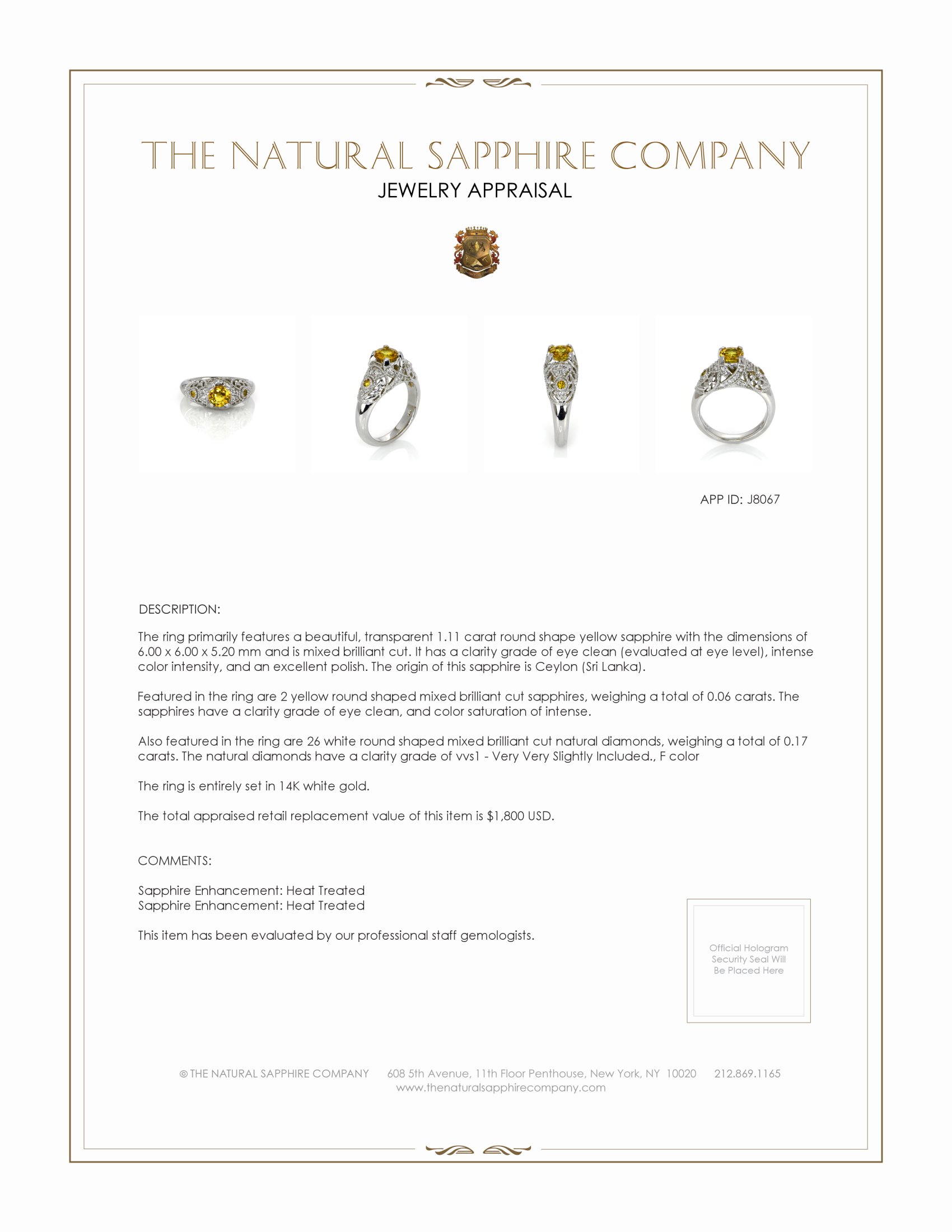 1.11 Ct. Yellow Sapphire and Natural Diamond Antique Style Ring, 14K White Gold