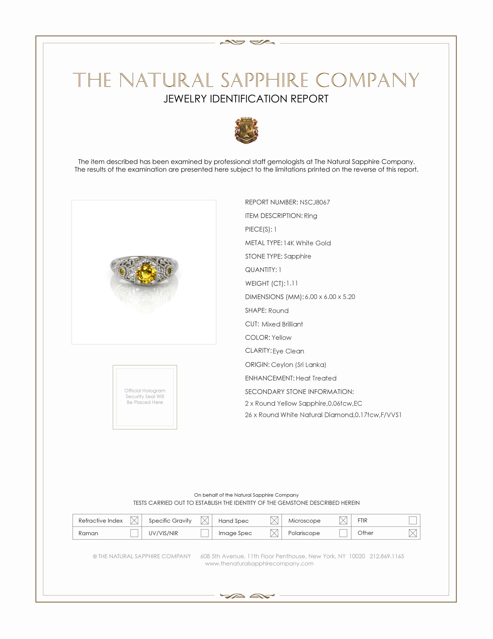 1.11 Ct. Yellow Sapphire and Natural Diamond Antique Style Ring, 14K White Gold