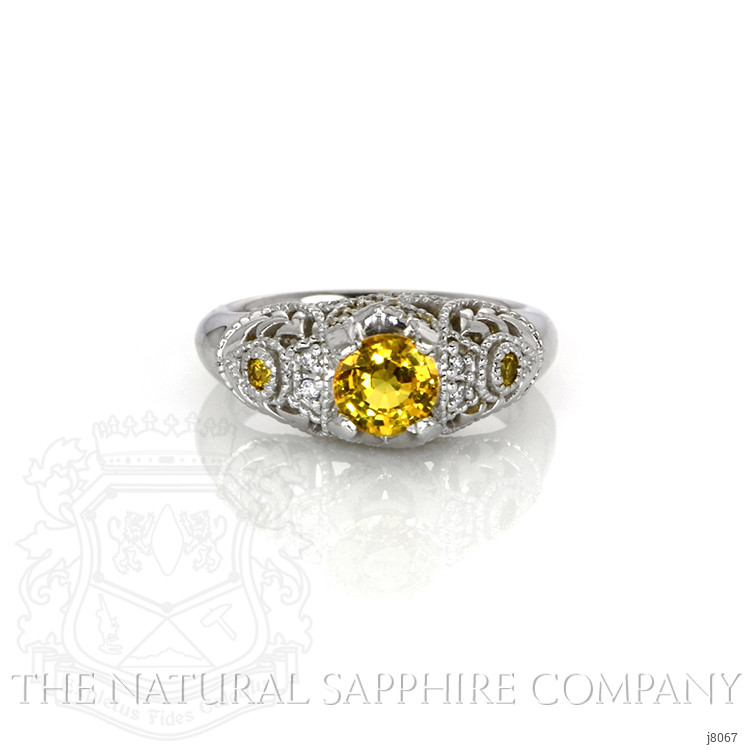 1.11 Ct. Yellow Sapphire and Natural Diamond Antique Style Ring, 14K White Gold