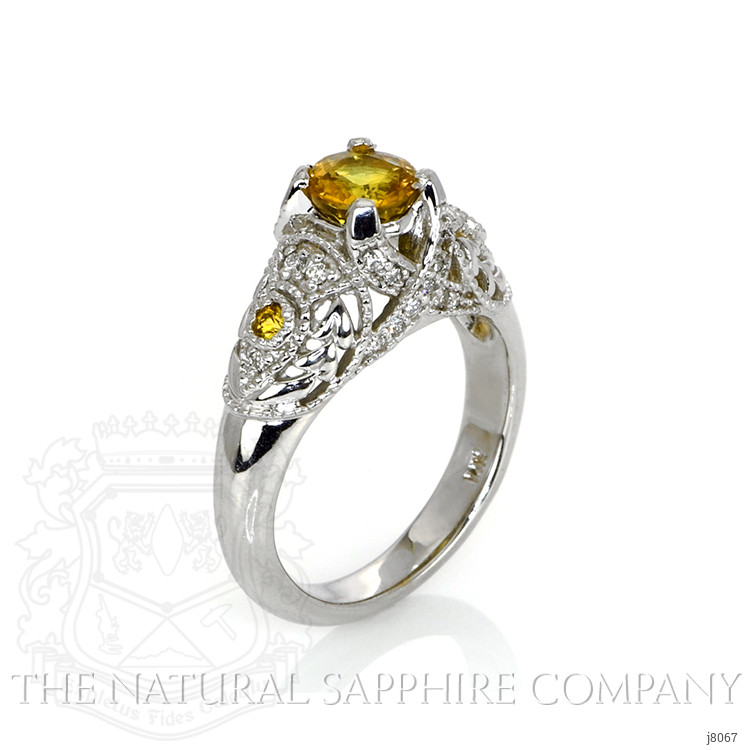 1.11 Ct. Yellow Sapphire and Natural Diamond Antique Style Ring, 14K White Gold
