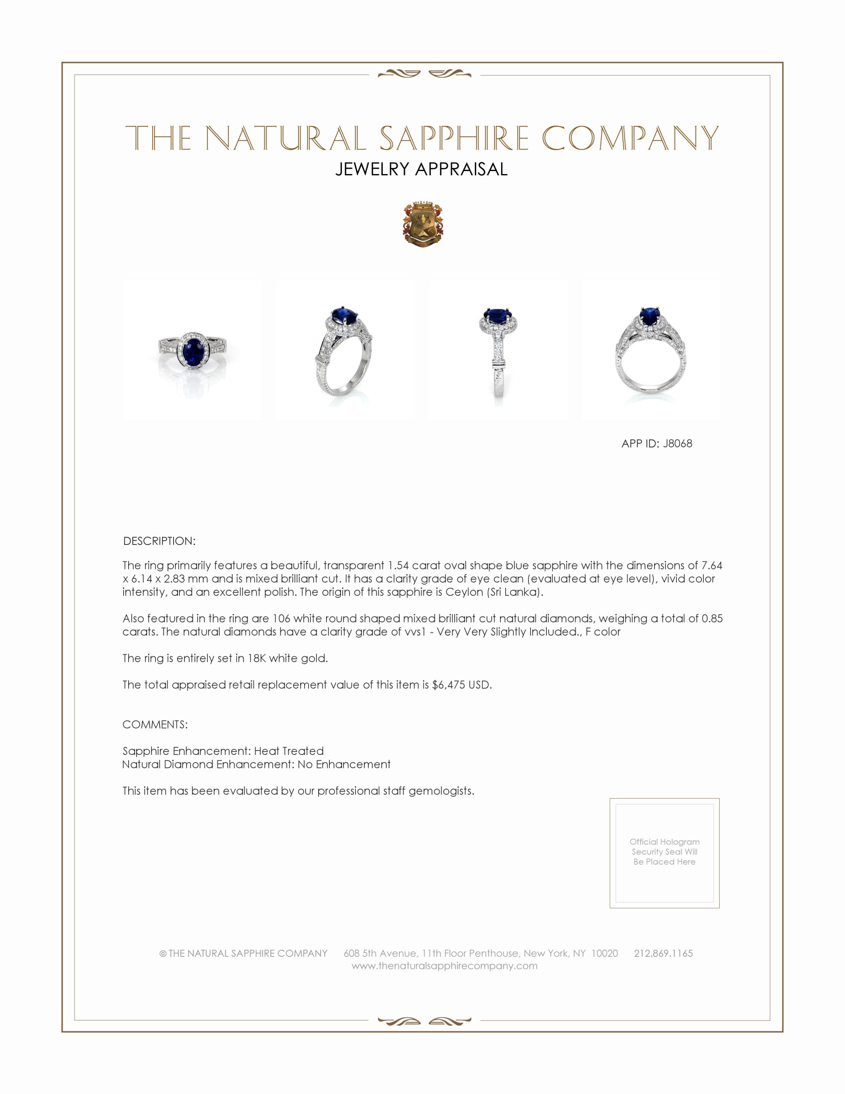 1.54 Ct. Blue Sapphire and Natural Diamond Antique Style Ring, 18K White Gold