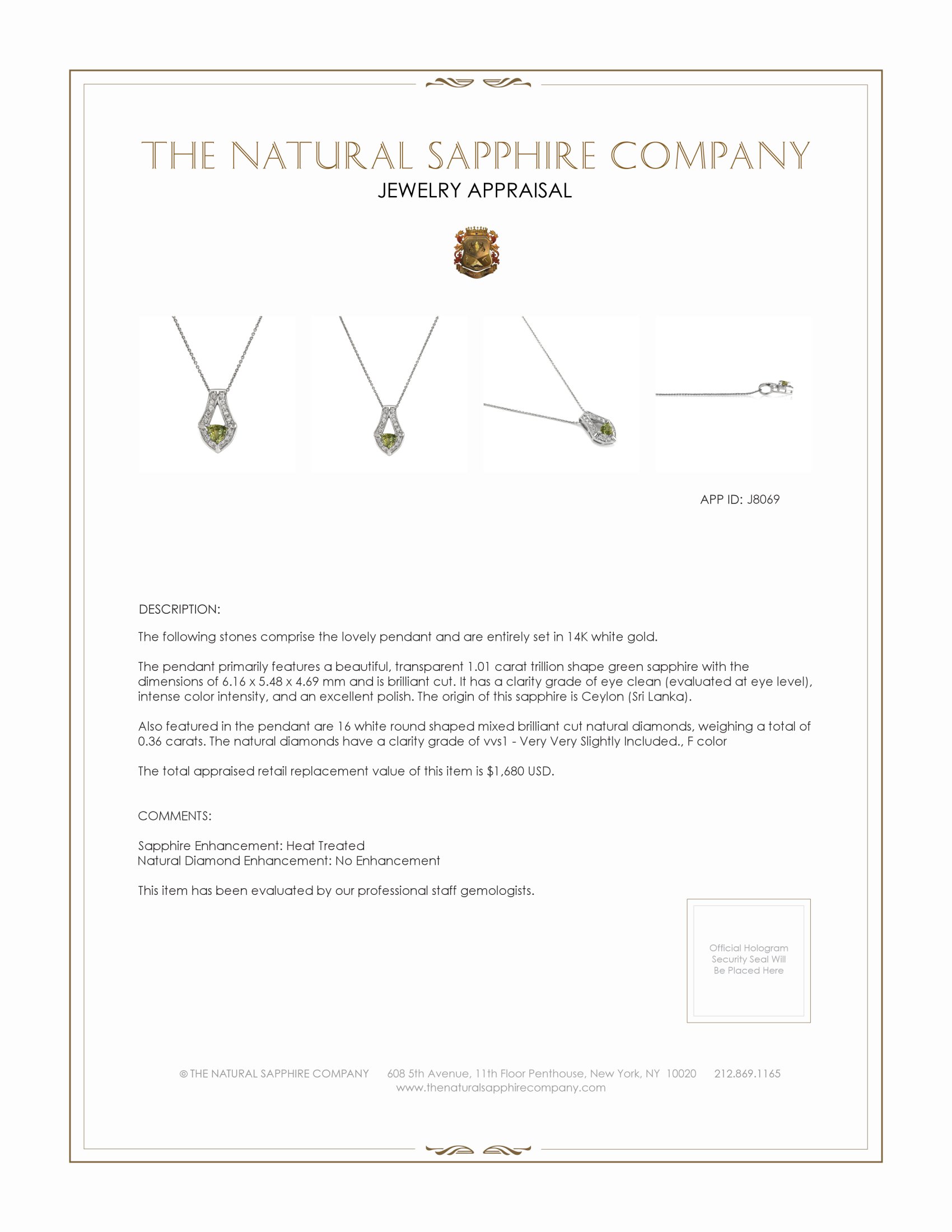 1.01 Ct. Green Sapphire and Natural Diamond Antique Style Pendant, 14K White Gold