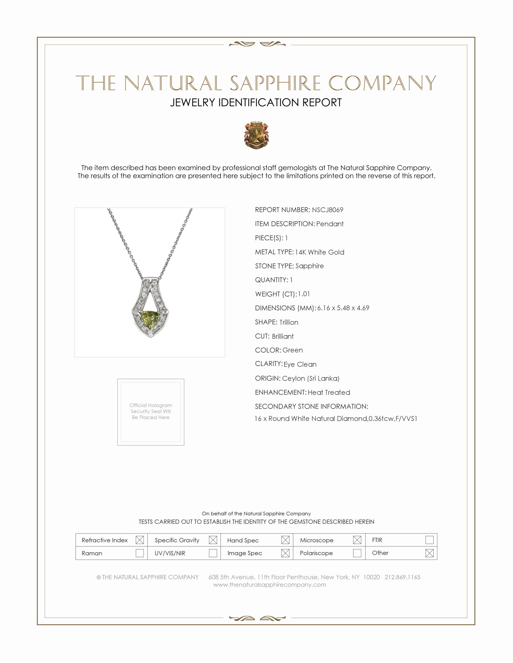 1.01 Ct. Green Sapphire and Natural Diamond Antique Style Pendant, 14K White Gold