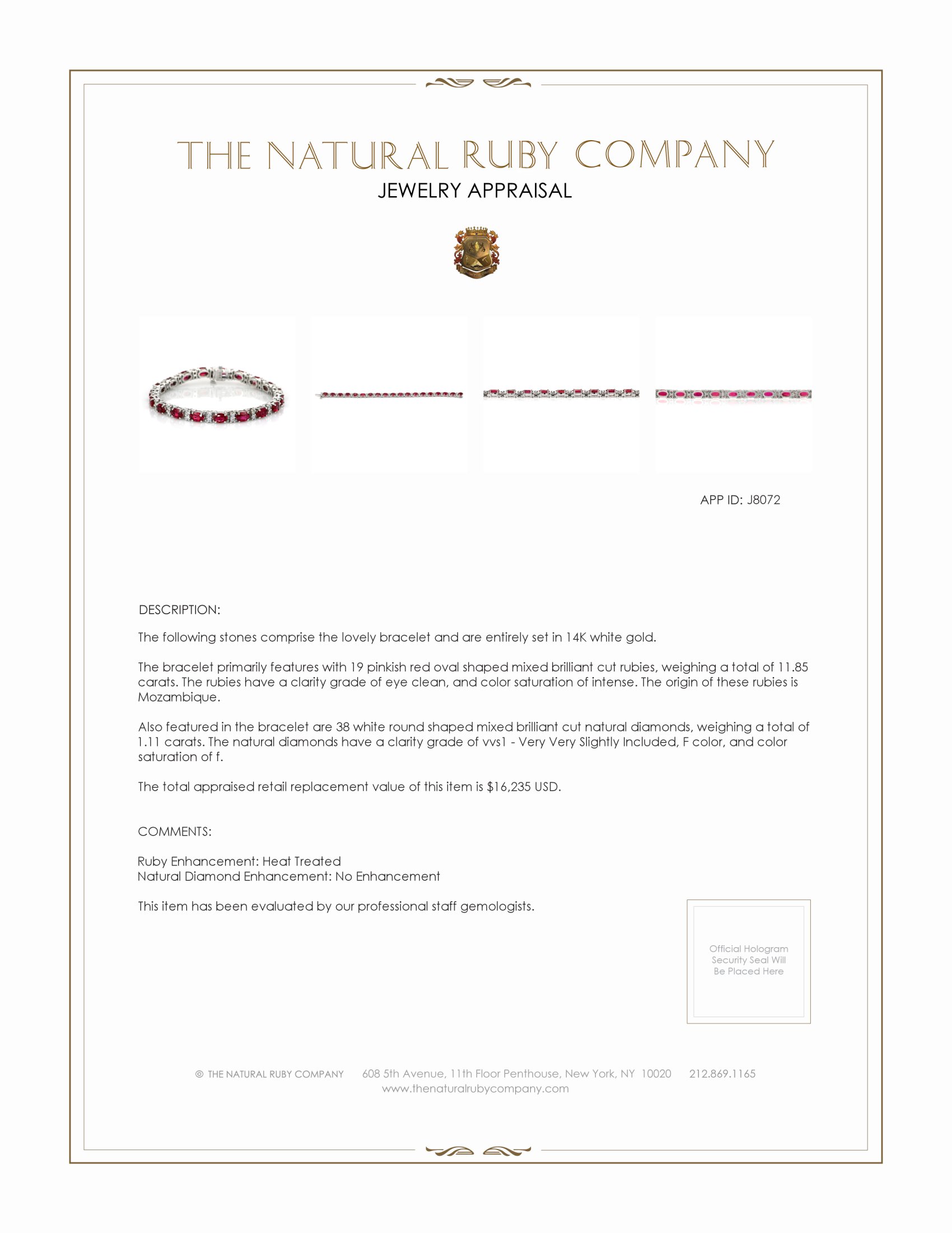 11.85 Ct.Tw. Pinkish Red Ruby and Natural Diamond Tennis/Line Bracelet, 14K White Gold