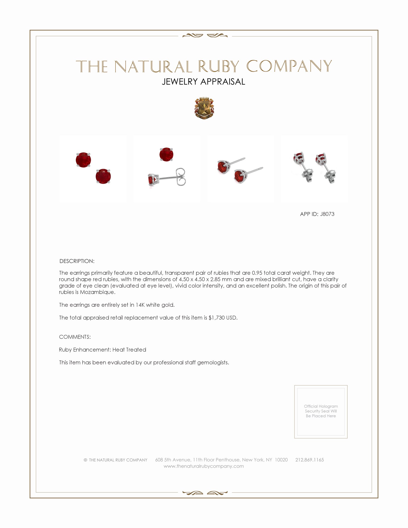 0.95 Ct.Tw. Ruby Studs Earrings, 14K White Gold