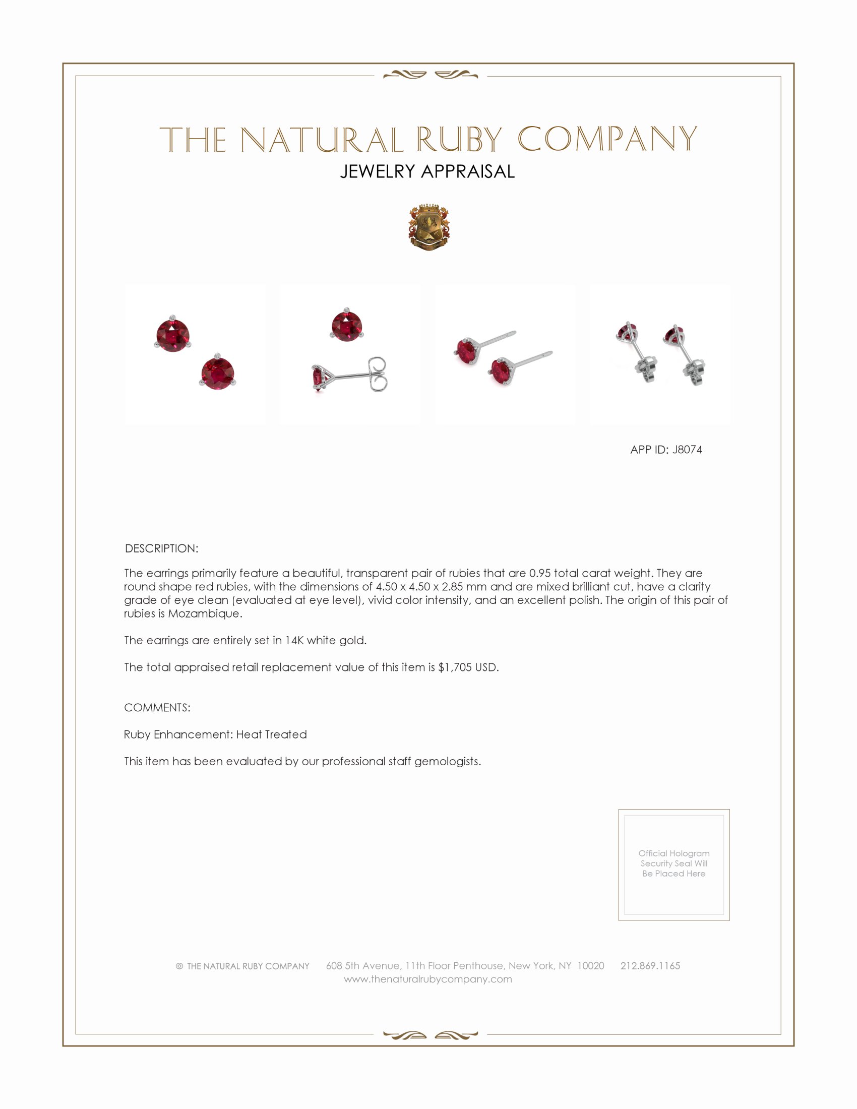 0.95 Ct.Tw. Ruby Studs Earrings, 14K White Gold