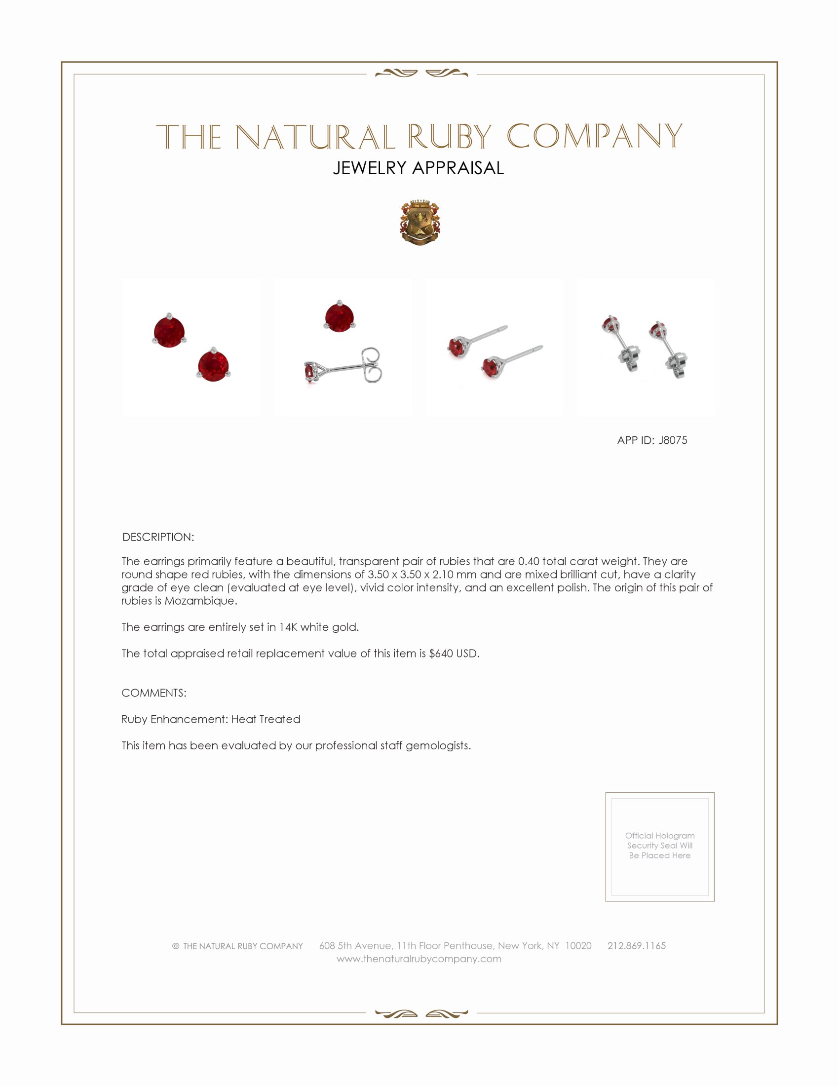 0.40 Ct.Tw. Ruby Studs Earrings, 14K White Gold