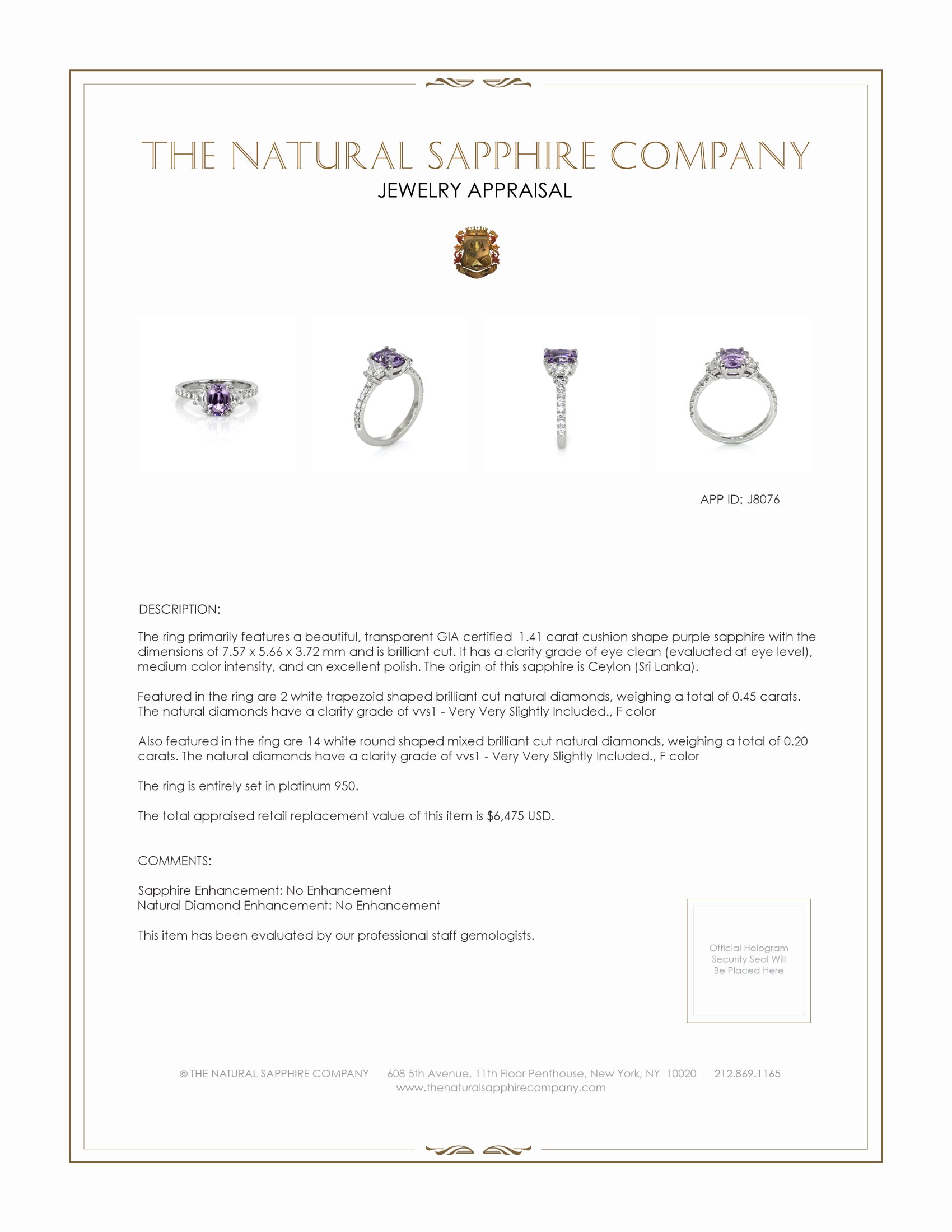 1.41 Ct. Purple Sapphire and Natural Diamond Three Stone Ring, Platinum 950