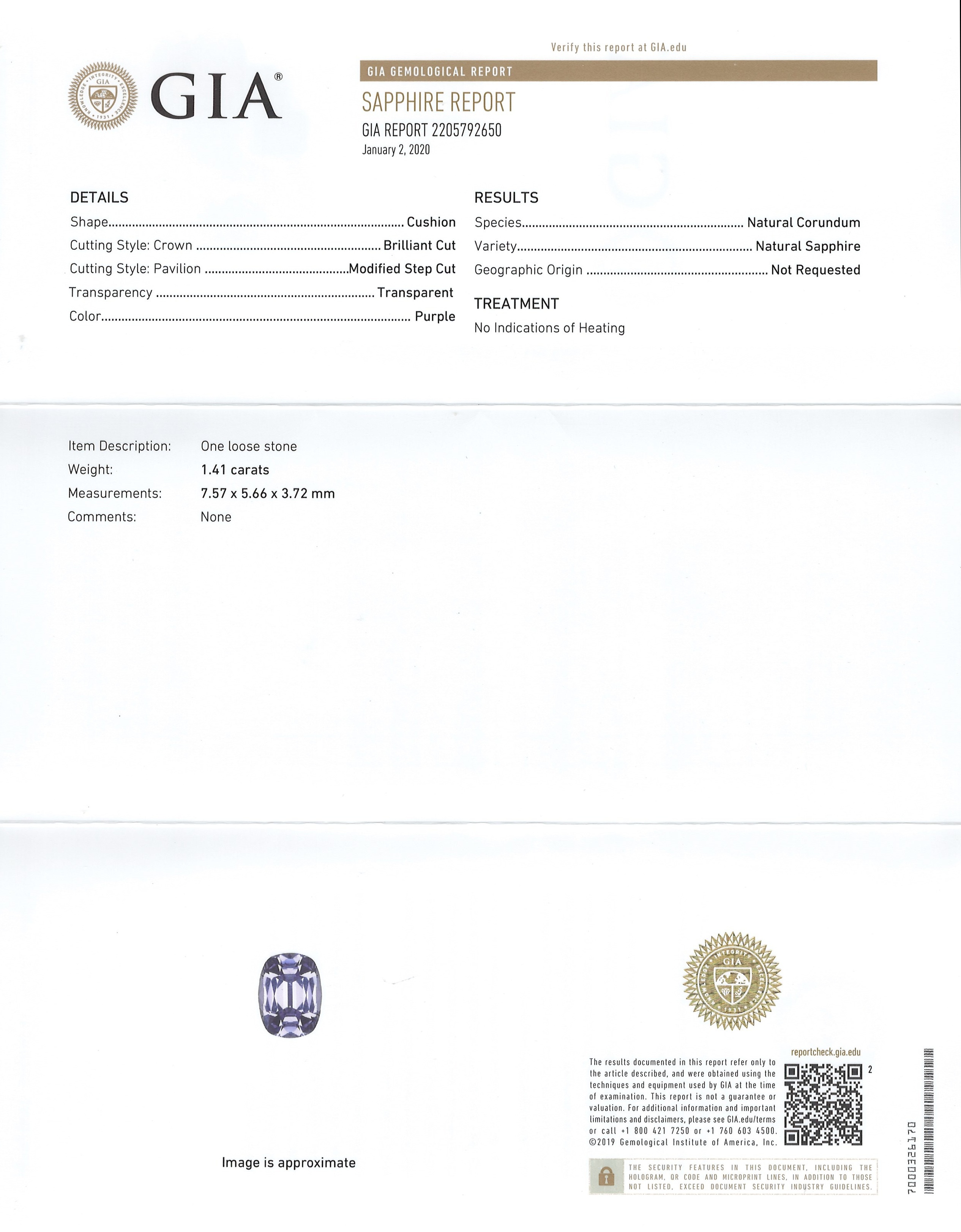 1.41 Ct. Purple Sapphire and Natural Diamond Three Stone Ring, Platinum 950