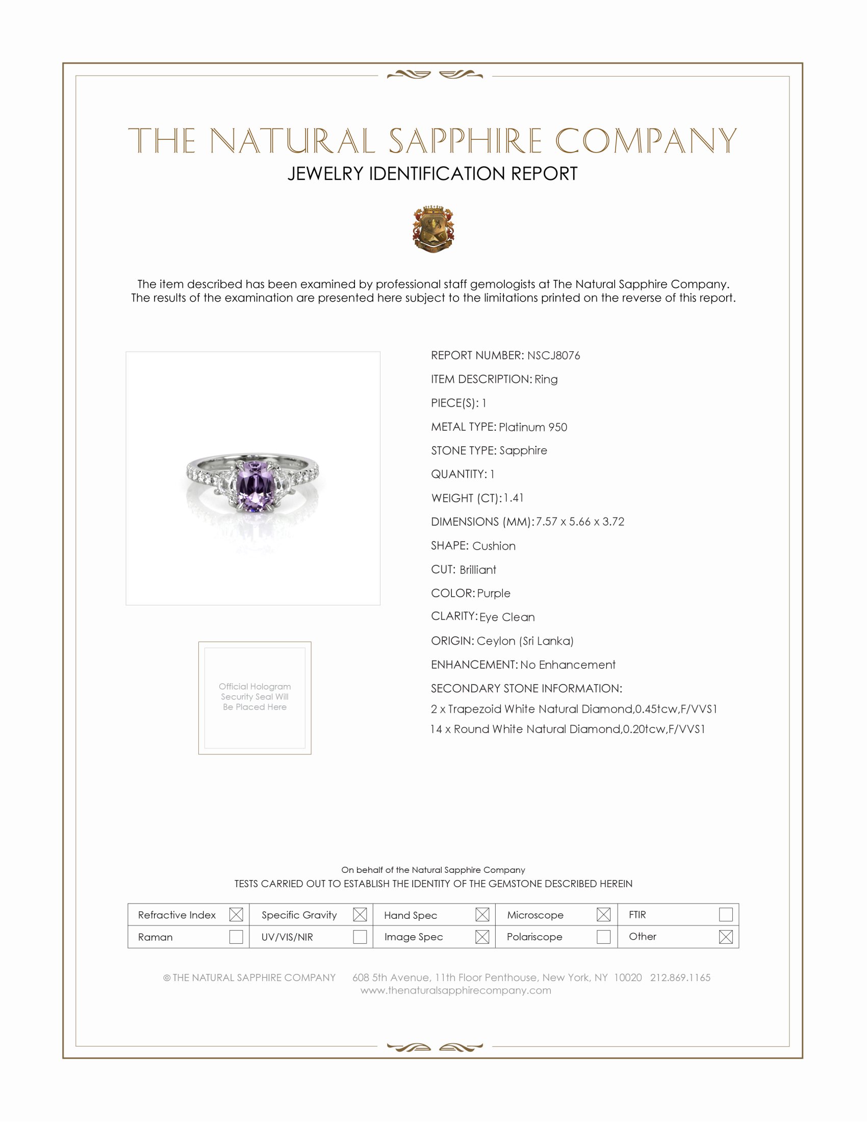 1.41 Ct. Purple Sapphire and Natural Diamond Three Stone Ring, Platinum 950