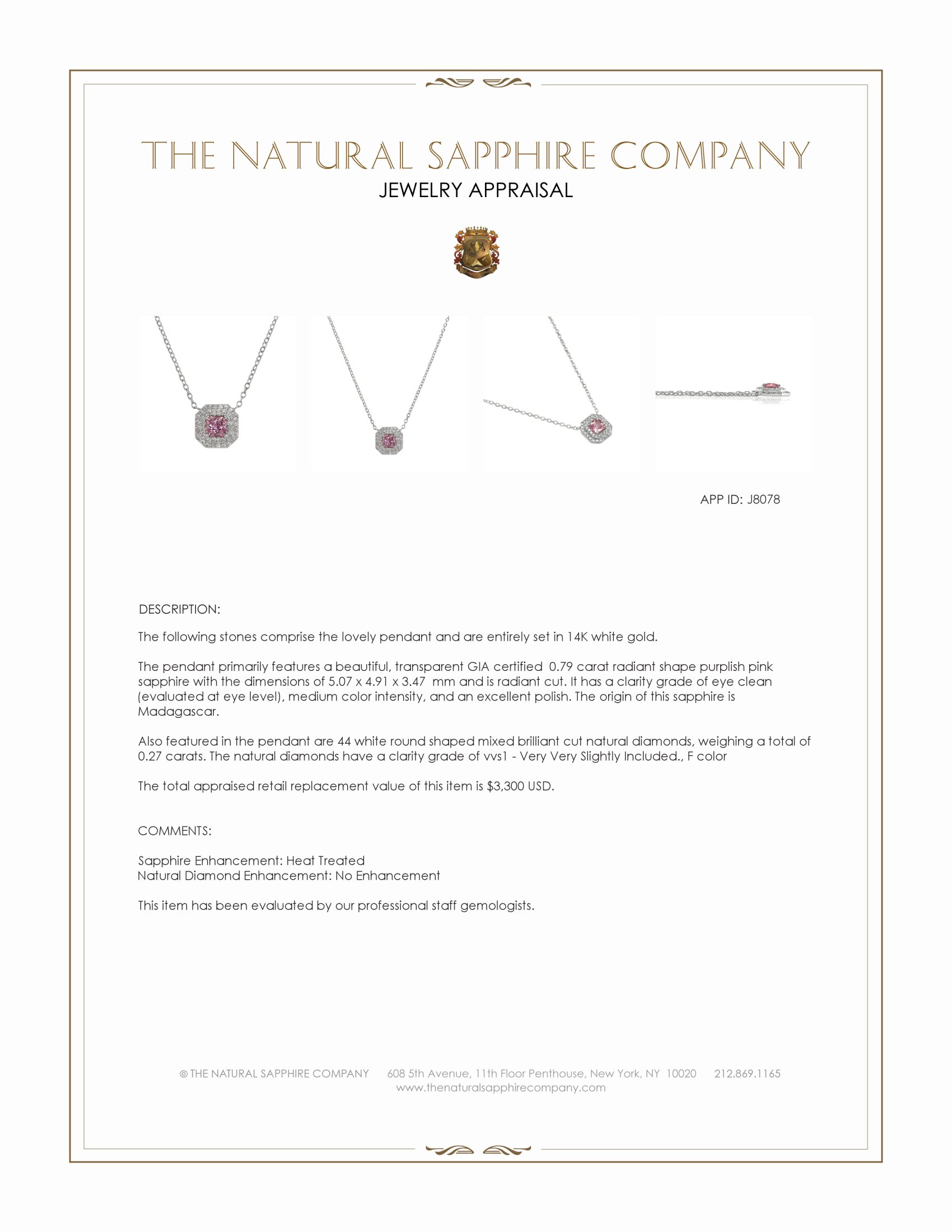 0.79 Ct. Purplish Pink Sapphire and Natural Diamond Accent Stones Pendant, 14K White Gold