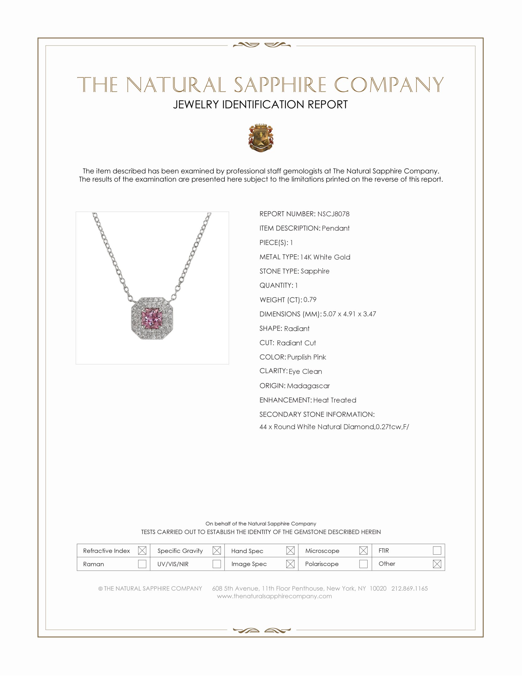 0.79 Ct. Purplish Pink Sapphire and Natural Diamond Accent Stones Pendant, 14K White Gold