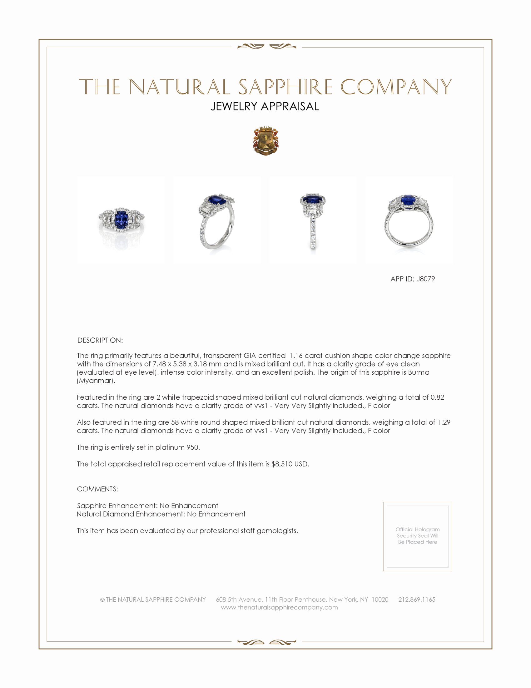 1.16 Ct. Color Change Sapphire and Natural Diamond Three Stone Ring, Platinum 950