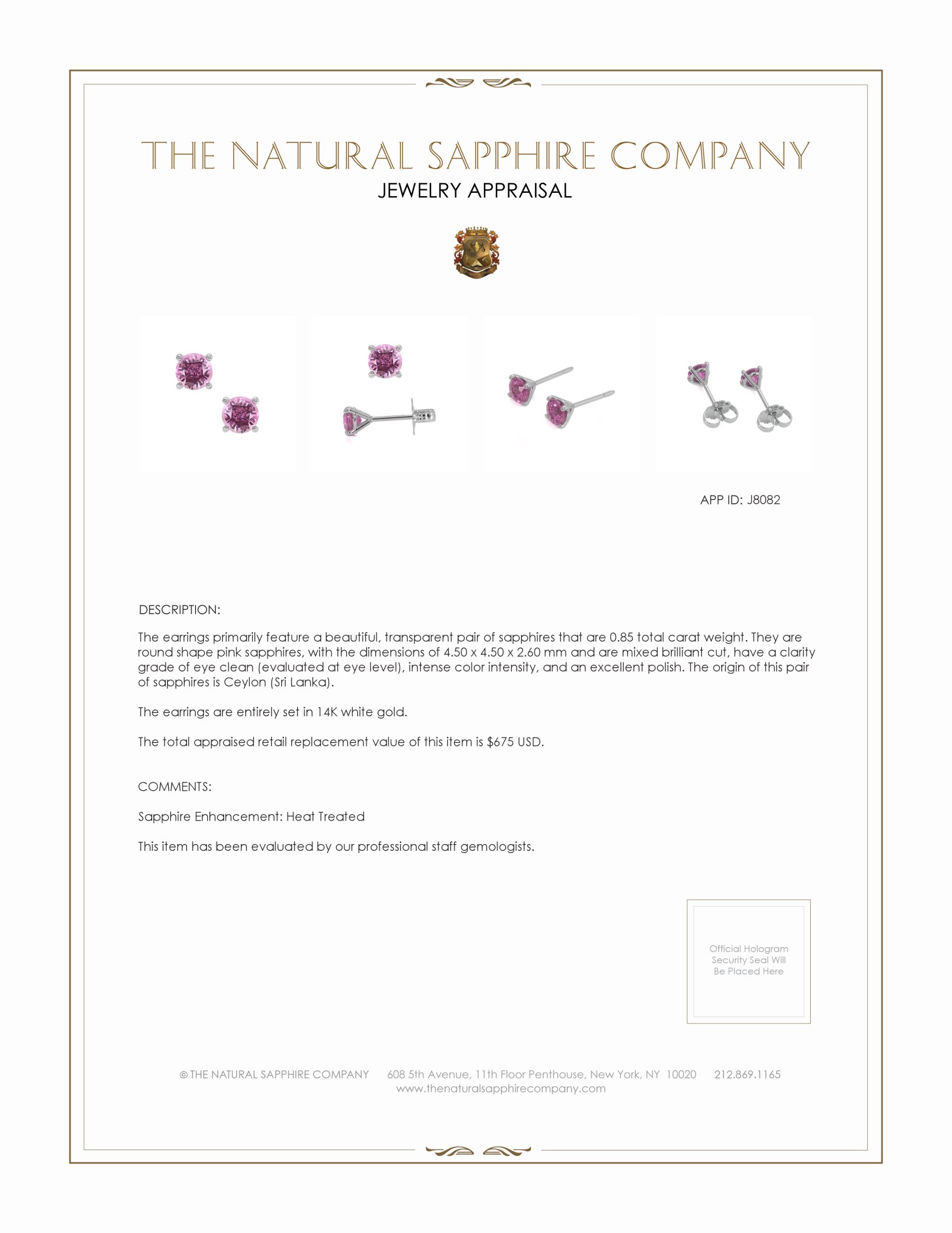 0.85 Ct.Tw. Pink Sapphire Studs Earrings, 14K White Gold