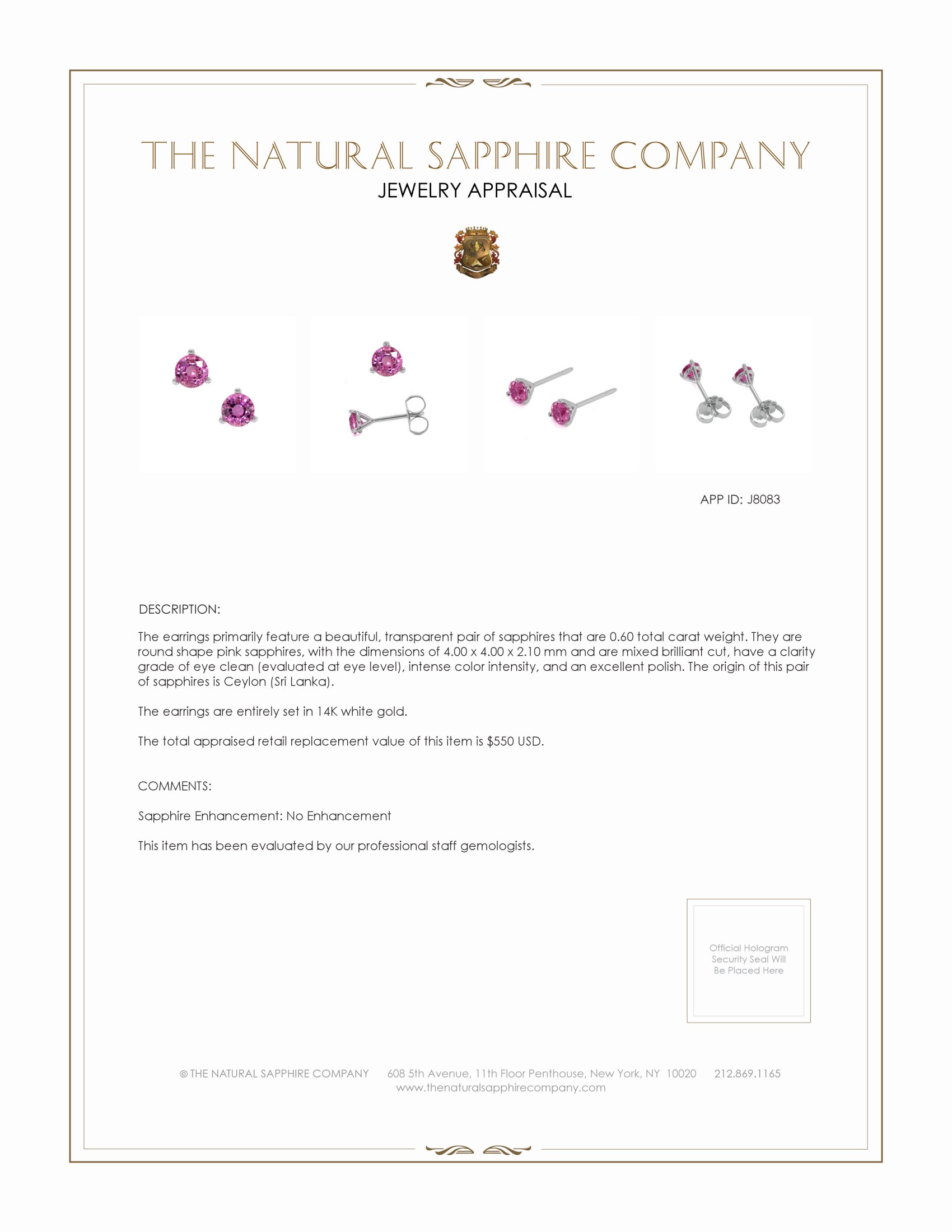 0.60 Ct.Tw. Pink Sapphire Studs Earrings, 14K White Gold