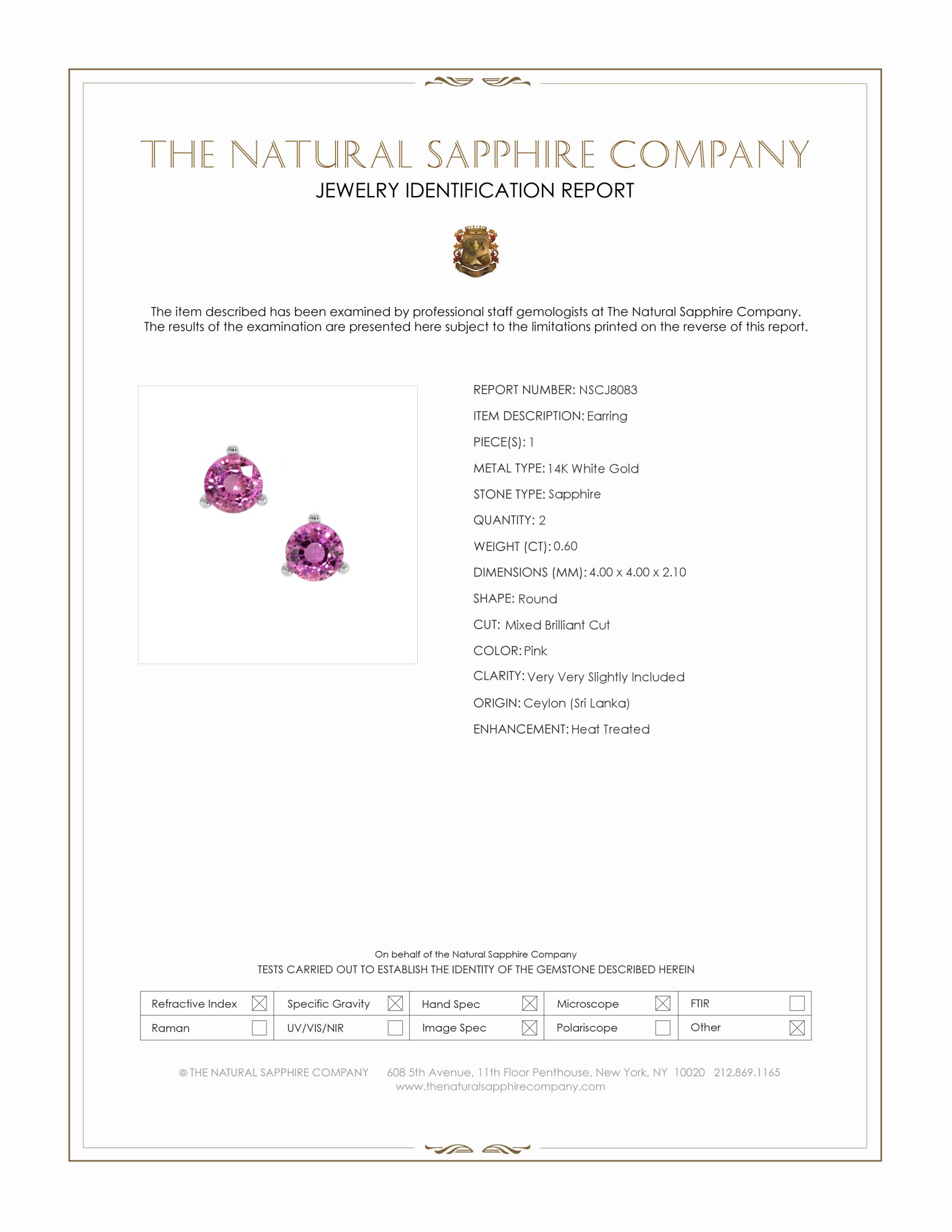 0.60 Ct.Tw. Pink Sapphire Studs Earrings, 14K White Gold