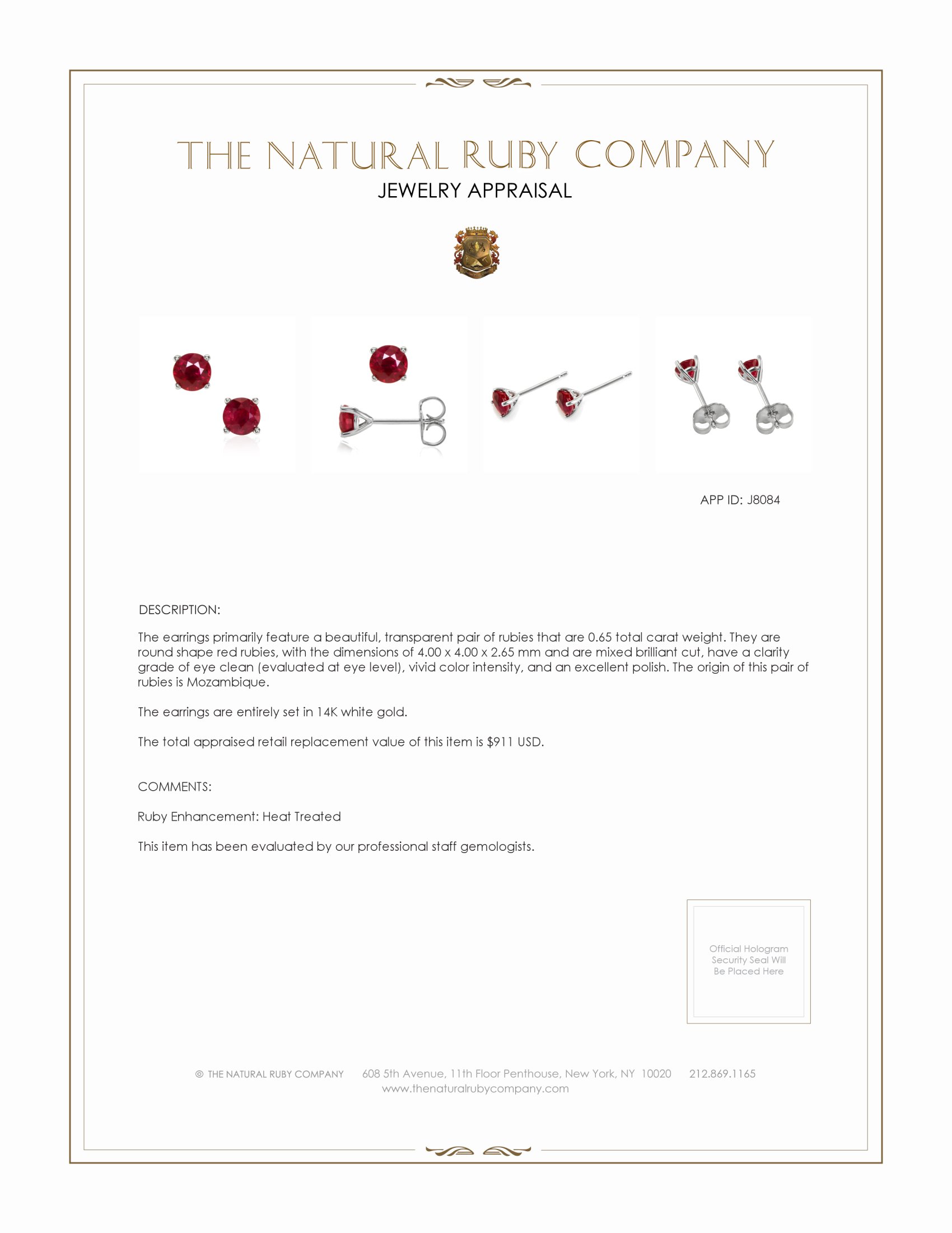 0.65 Ct.Tw. Ruby Studs Earrings, 14K White Gold