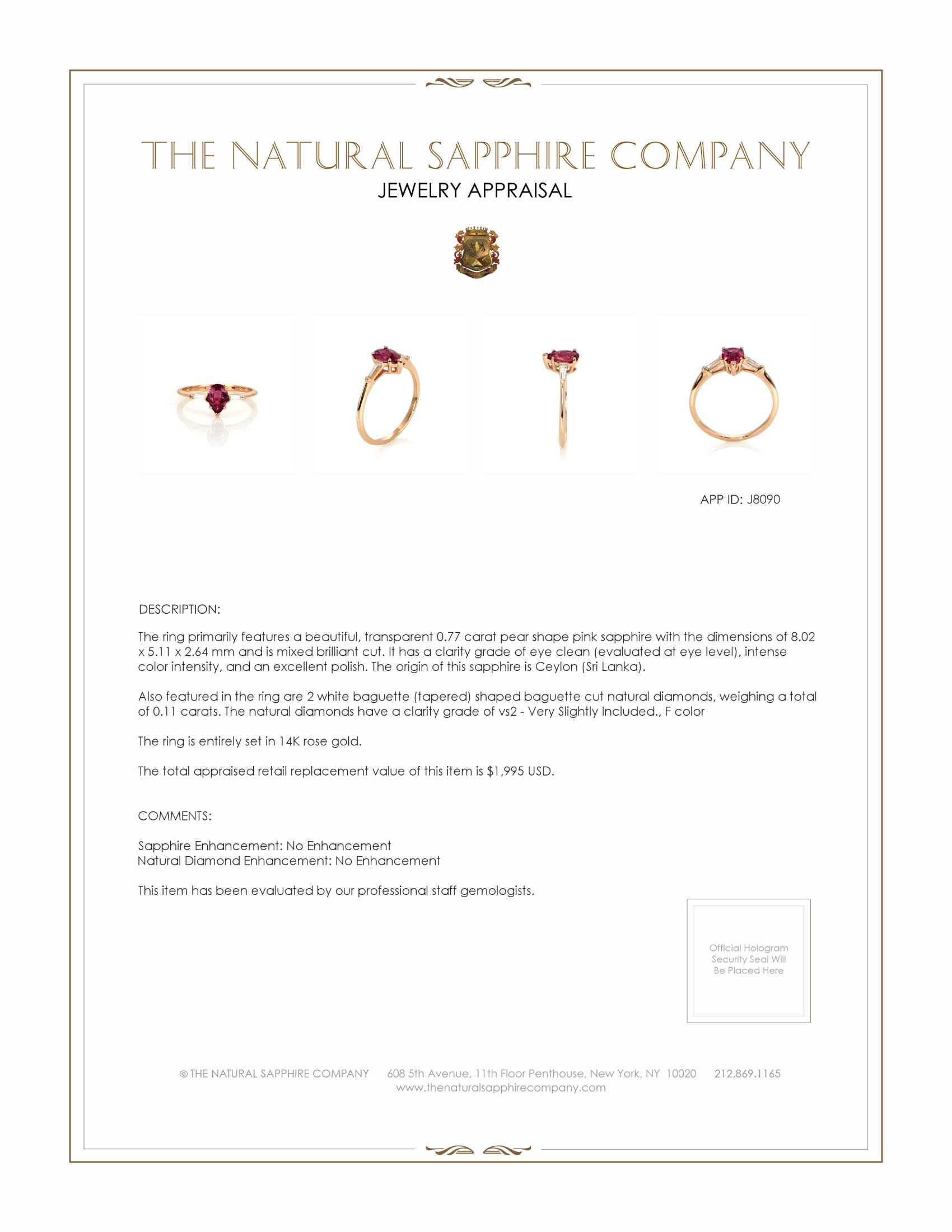 0.77 Ct. Pink Sapphire and Natural Diamond Three Stone Ring, 14K Rose Gold