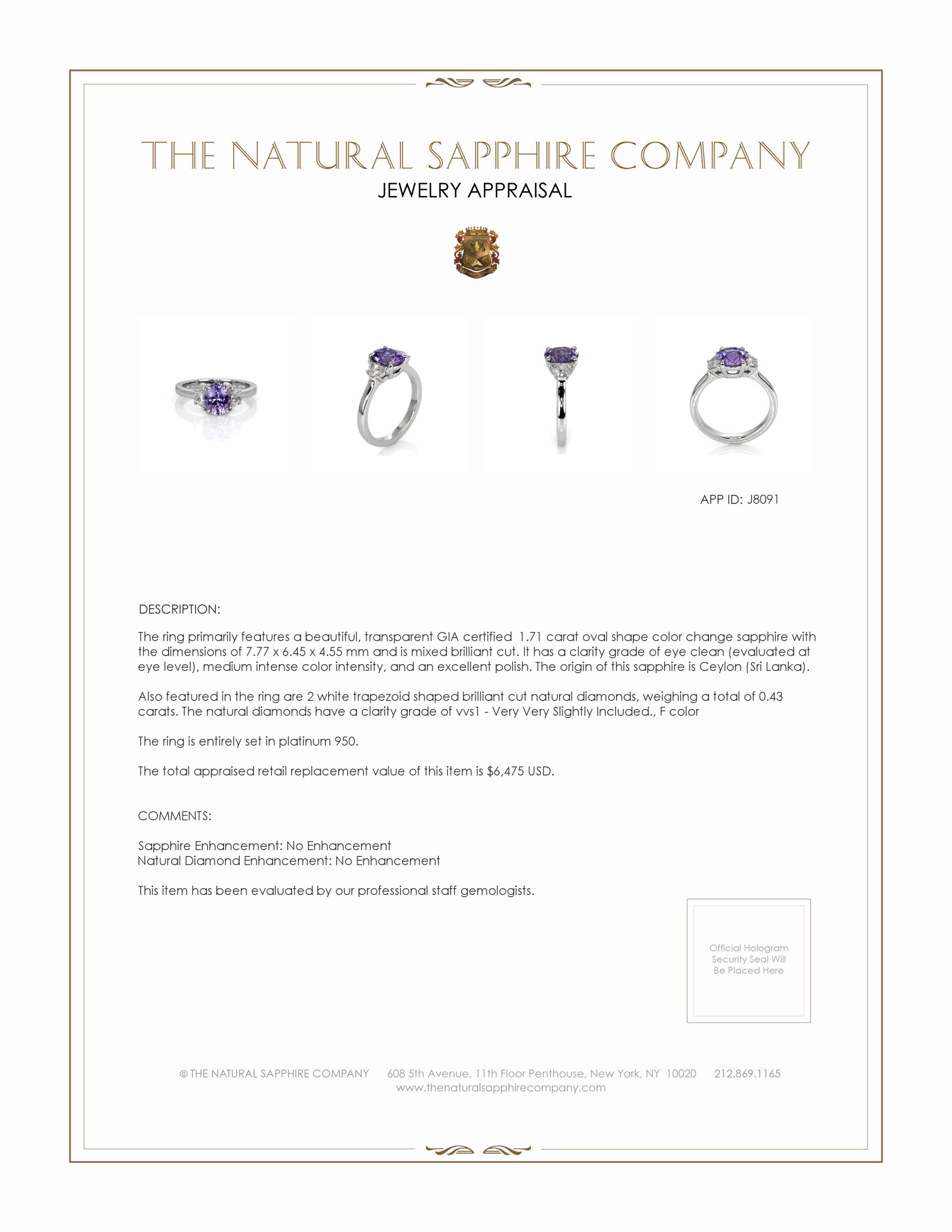 1.71 Ct. Color Change Sapphire and Natural Diamond Three Stone Ring, Platinum 950