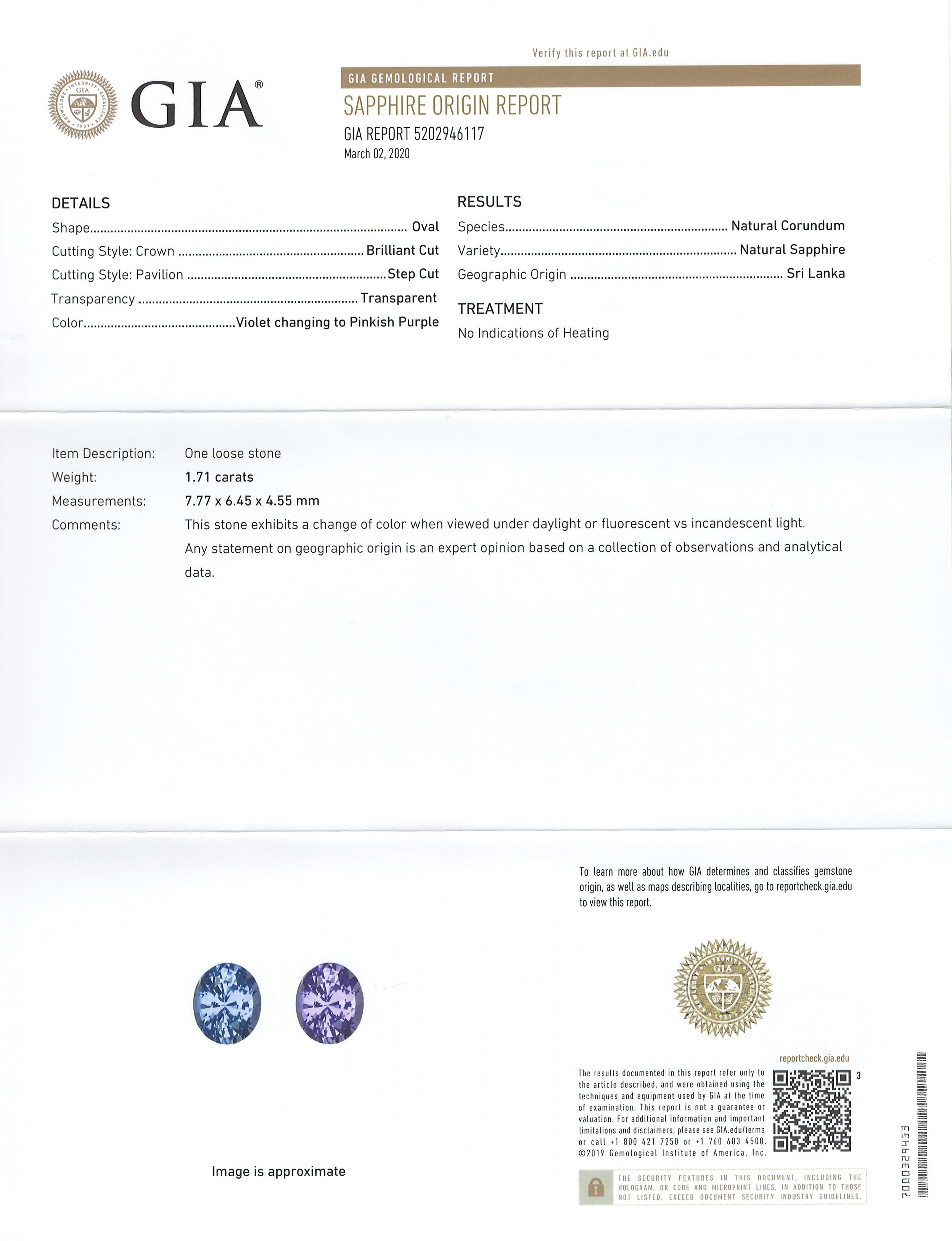 1.71 Ct. Color Change Sapphire and Natural Diamond Three Stone Ring, Platinum 950