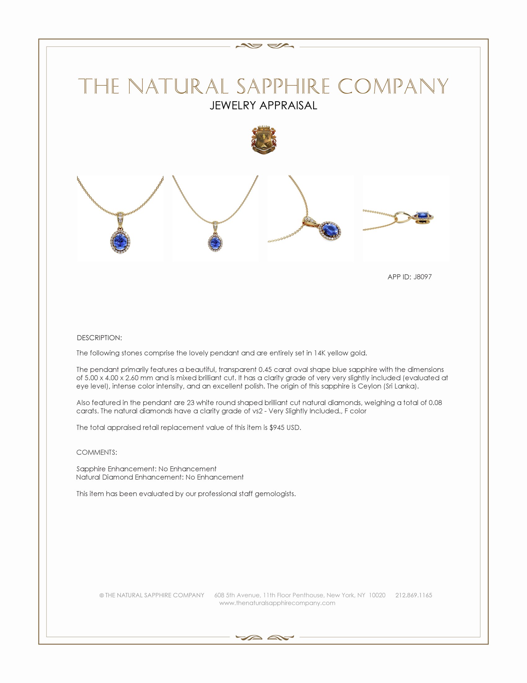 0.45 Ct. Blue Sapphire and Natural Diamond Pave Pendant, 14K Yellow Gold