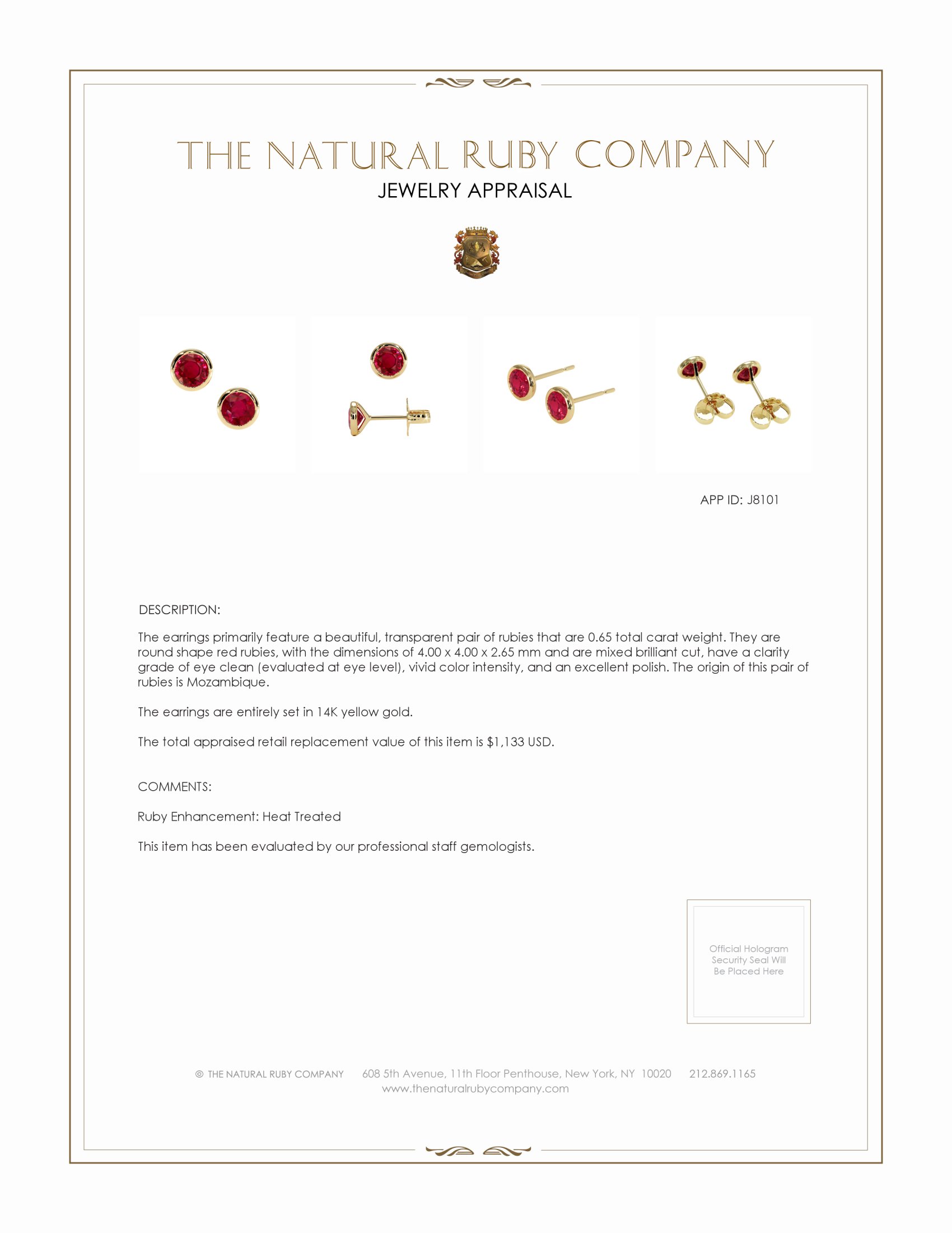 0.65 Ct.Tw. Ruby Studs Earrings, 14K Yellow Gold