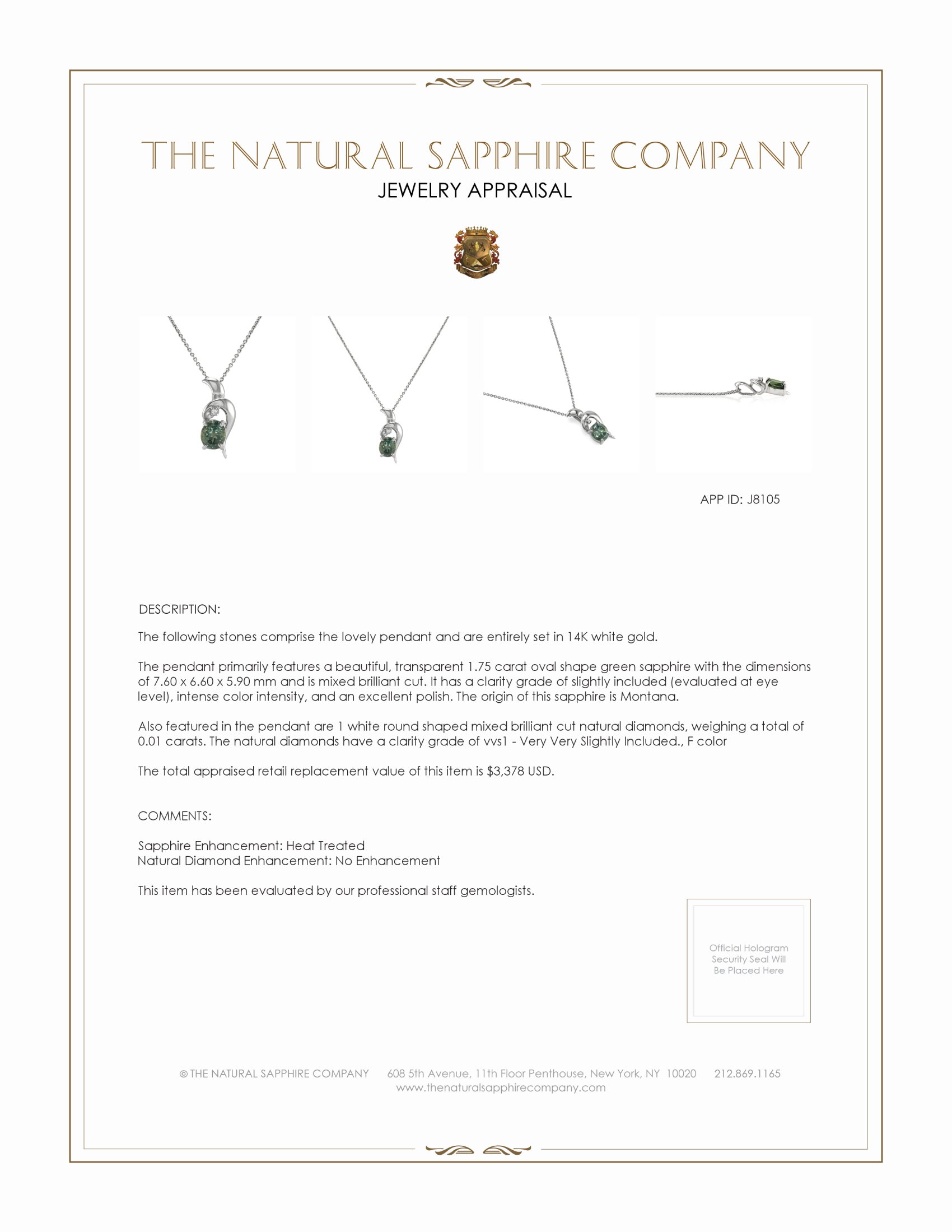 1.75 Ct. Green Sapphire and Natural Diamond Accent Stones Pendant, 14K White Gold