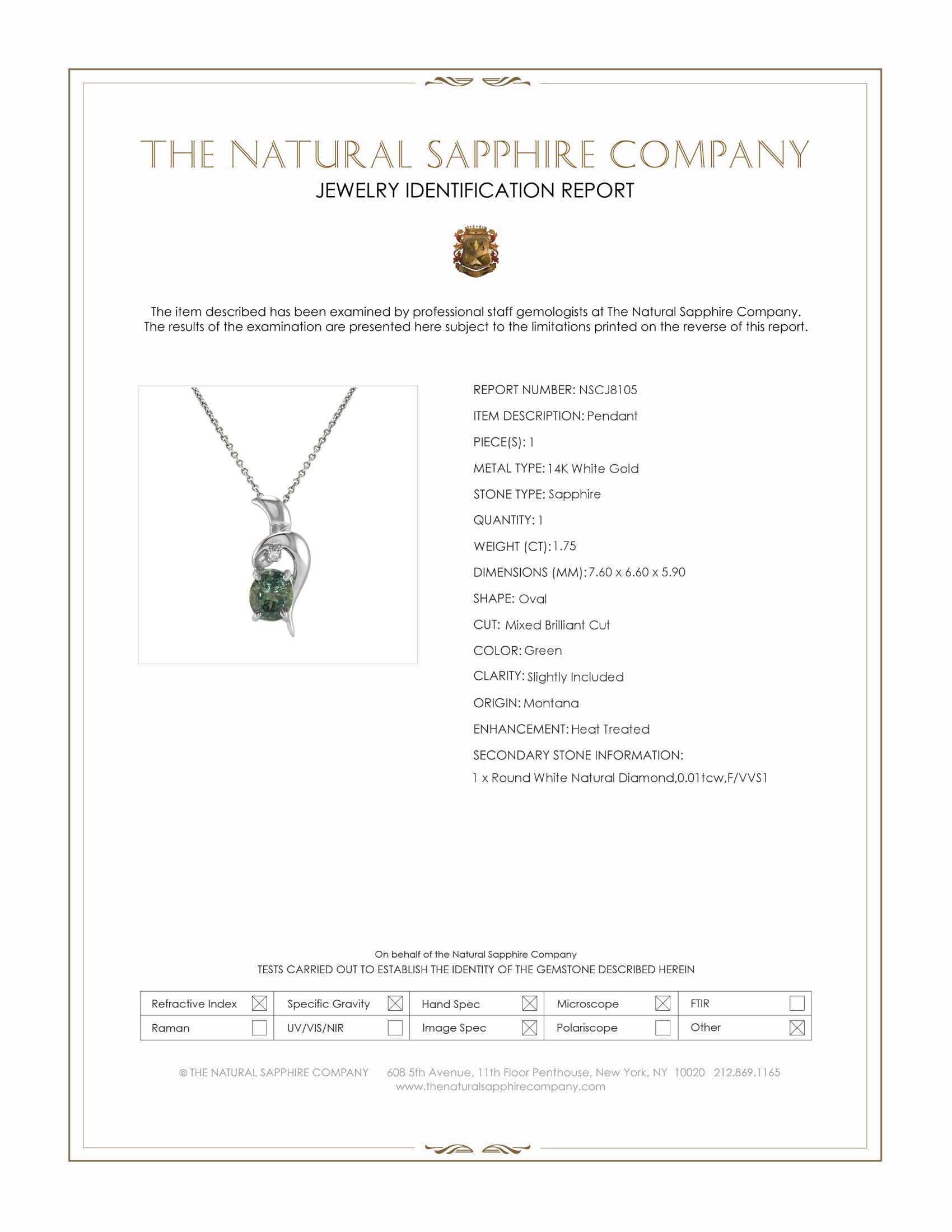 1.75 Ct. Green Sapphire and Natural Diamond Accent Stones Pendant, 14K White Gold