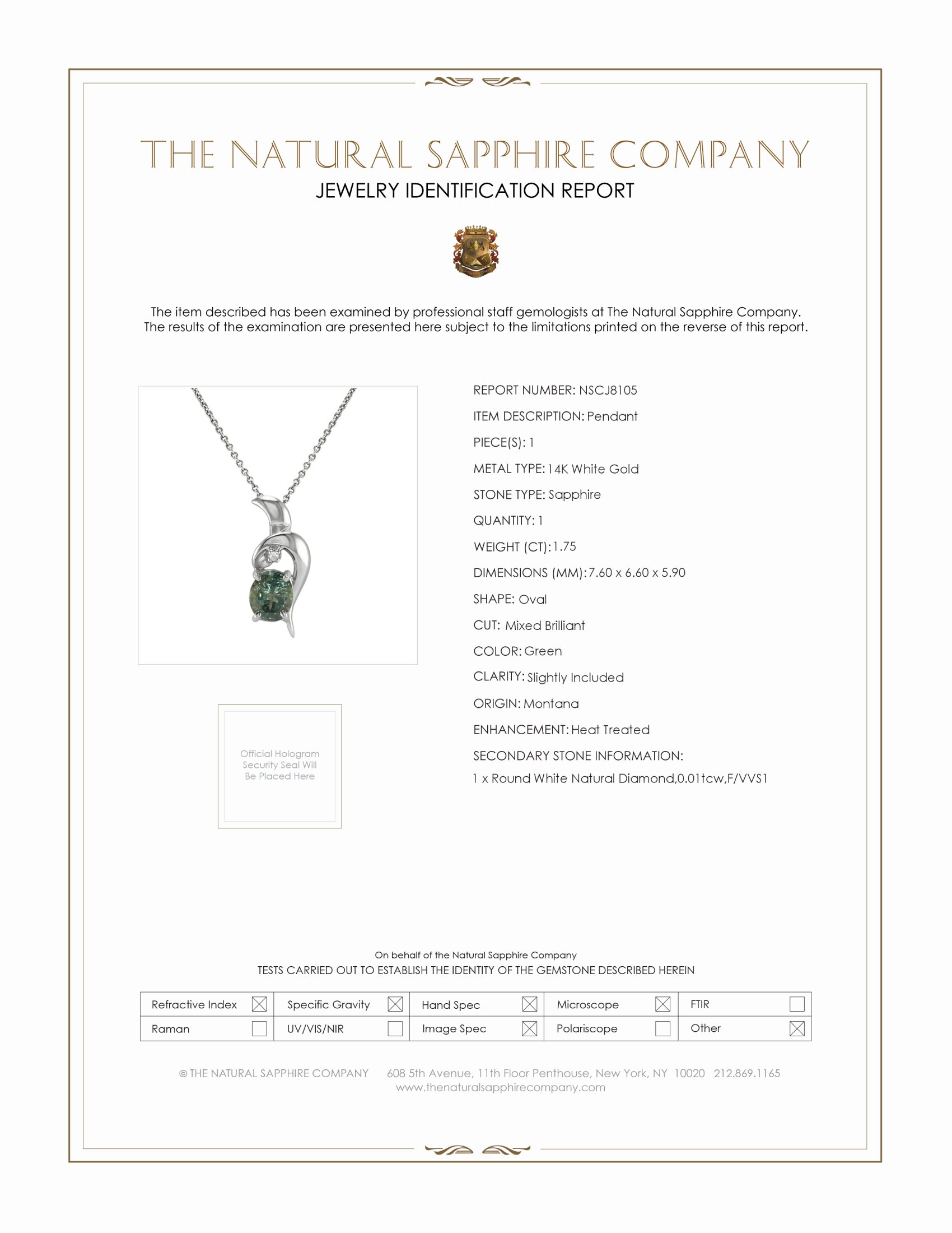 1.75 Ct. Green Sapphire and Natural Diamond Accent Stones Pendant, 14K White Gold