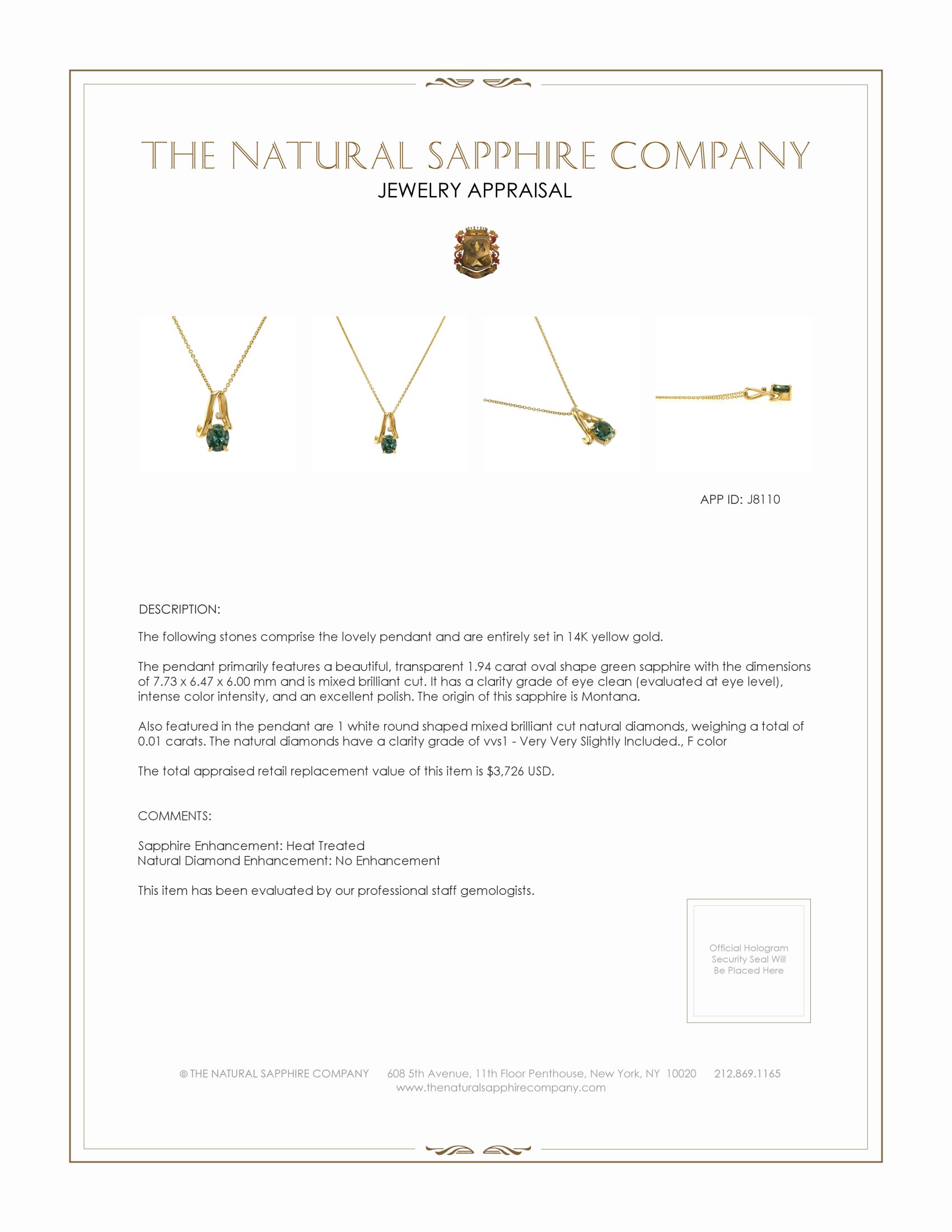 1.94 Ct. Green Sapphire and Natural Diamond Solitaire Pendant, 14K Yellow Gold