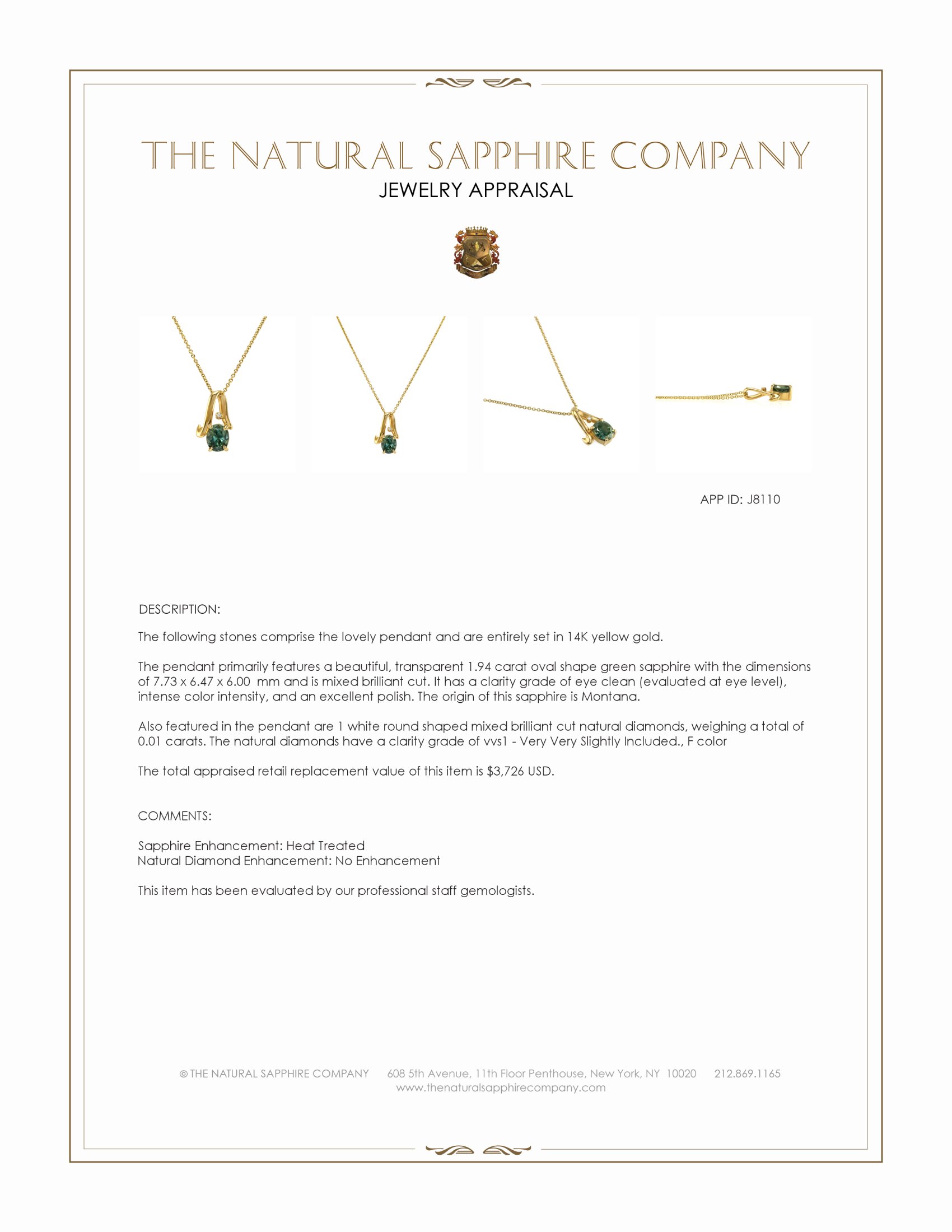 1.94 Ct. Green Sapphire and Natural Diamond Solitaire Pendant, 14K Yellow Gold