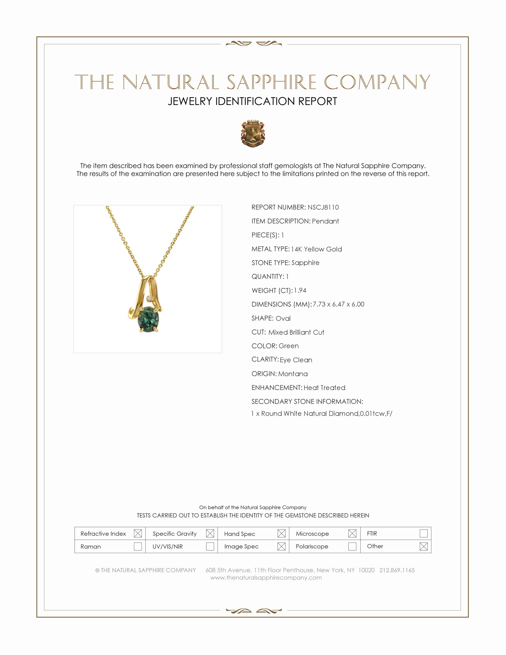 1.94 Ct. Green Sapphire and Natural Diamond Solitaire Pendant, 14K Yellow Gold