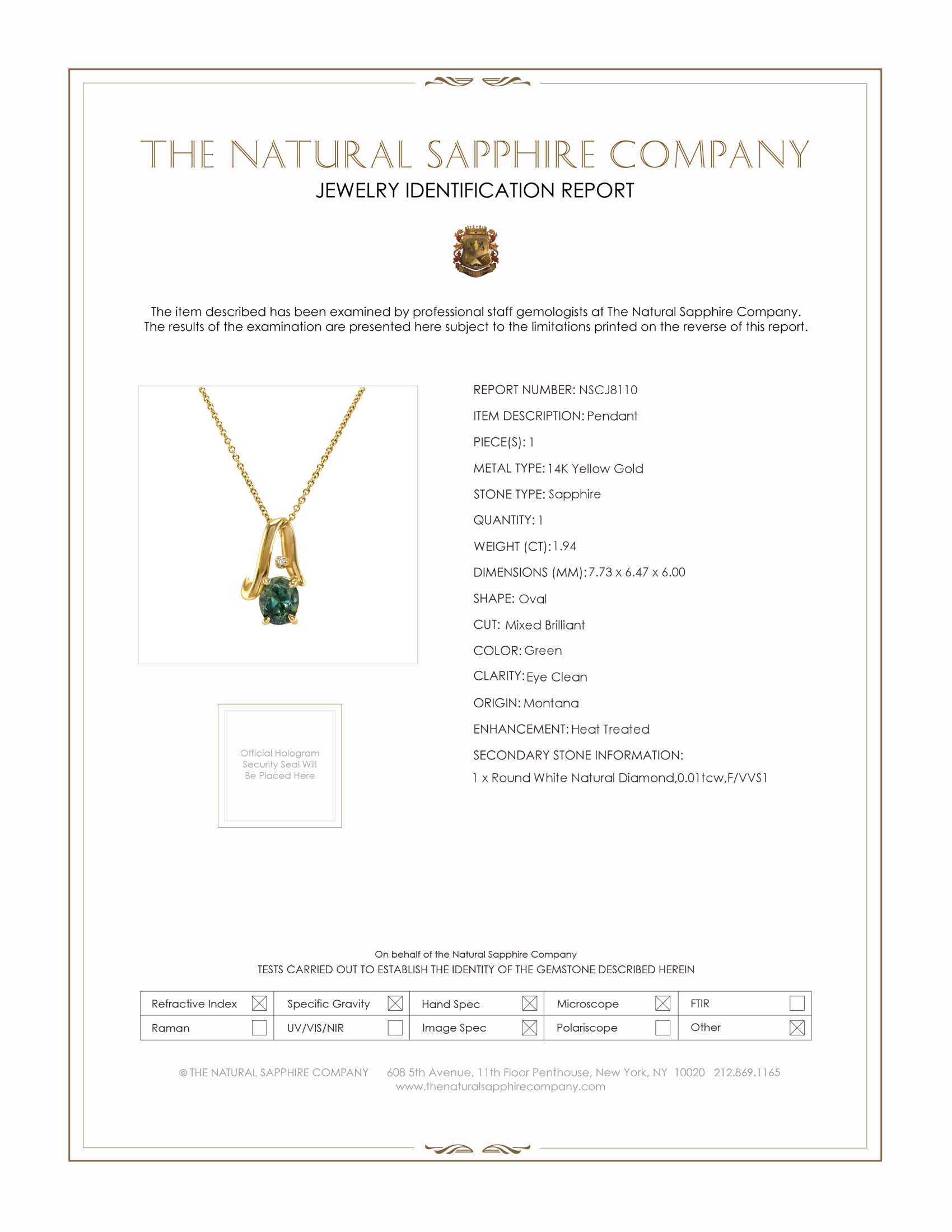 1.94 Ct. Green Sapphire and Natural Diamond Solitaire Pendant, 14K Yellow Gold