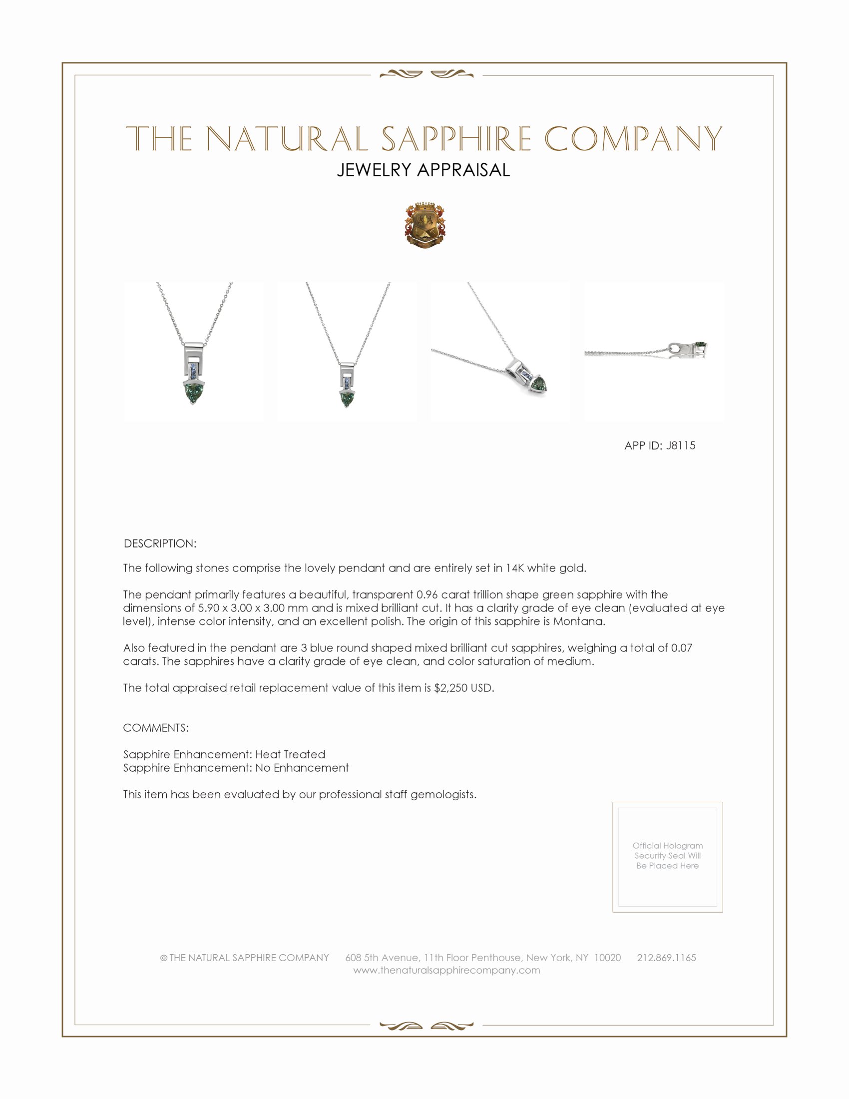 0.96 Ct. Green Sapphire and Blue Sapphire Accent Stones Pendant, 14K White Gold