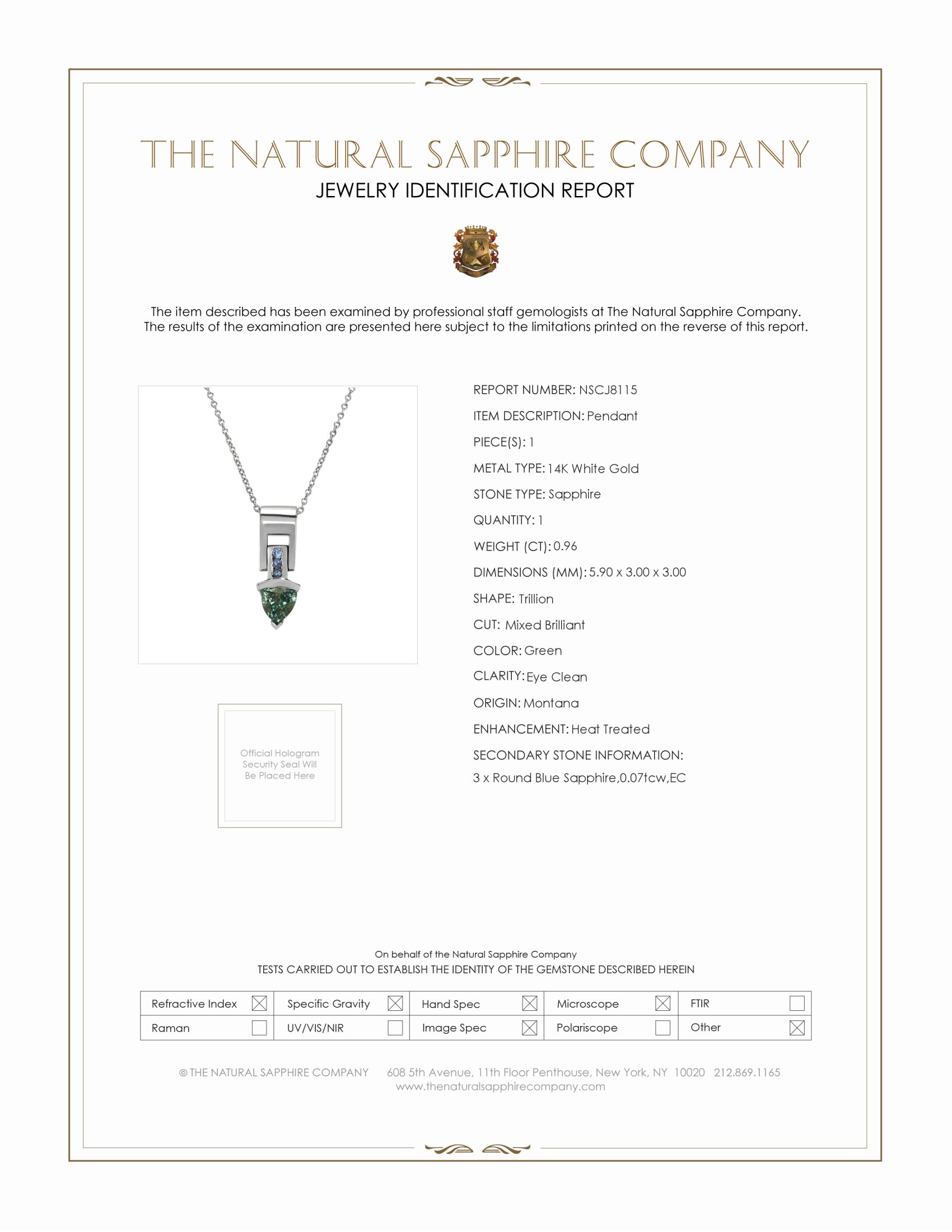 0.96 Ct. Green Sapphire and Blue Sapphire Accent Stones Pendant, 14K White Gold