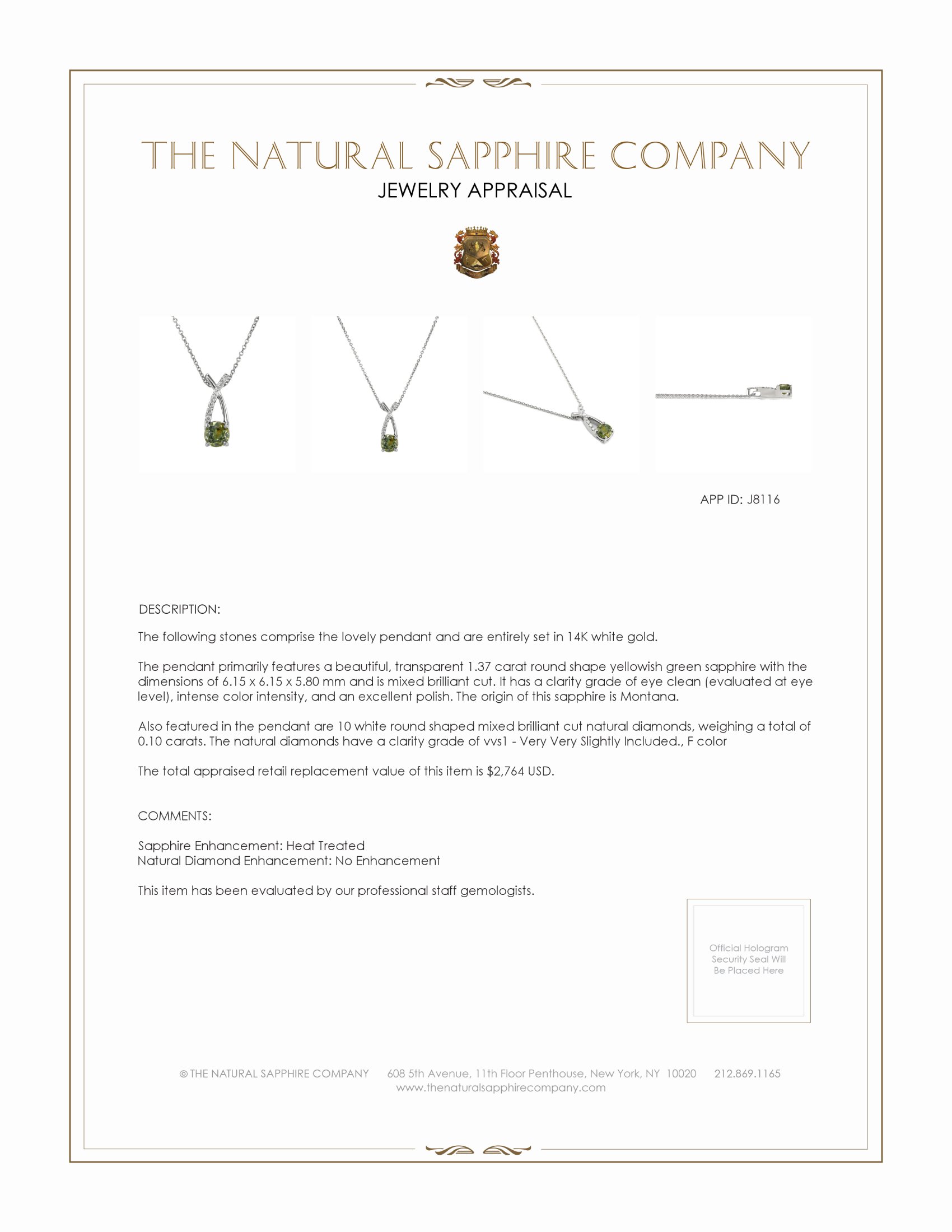 1.37 Ct. Yellowish Green Sapphire and Natural Diamond Accent Stones Pendant, 14K White Gold