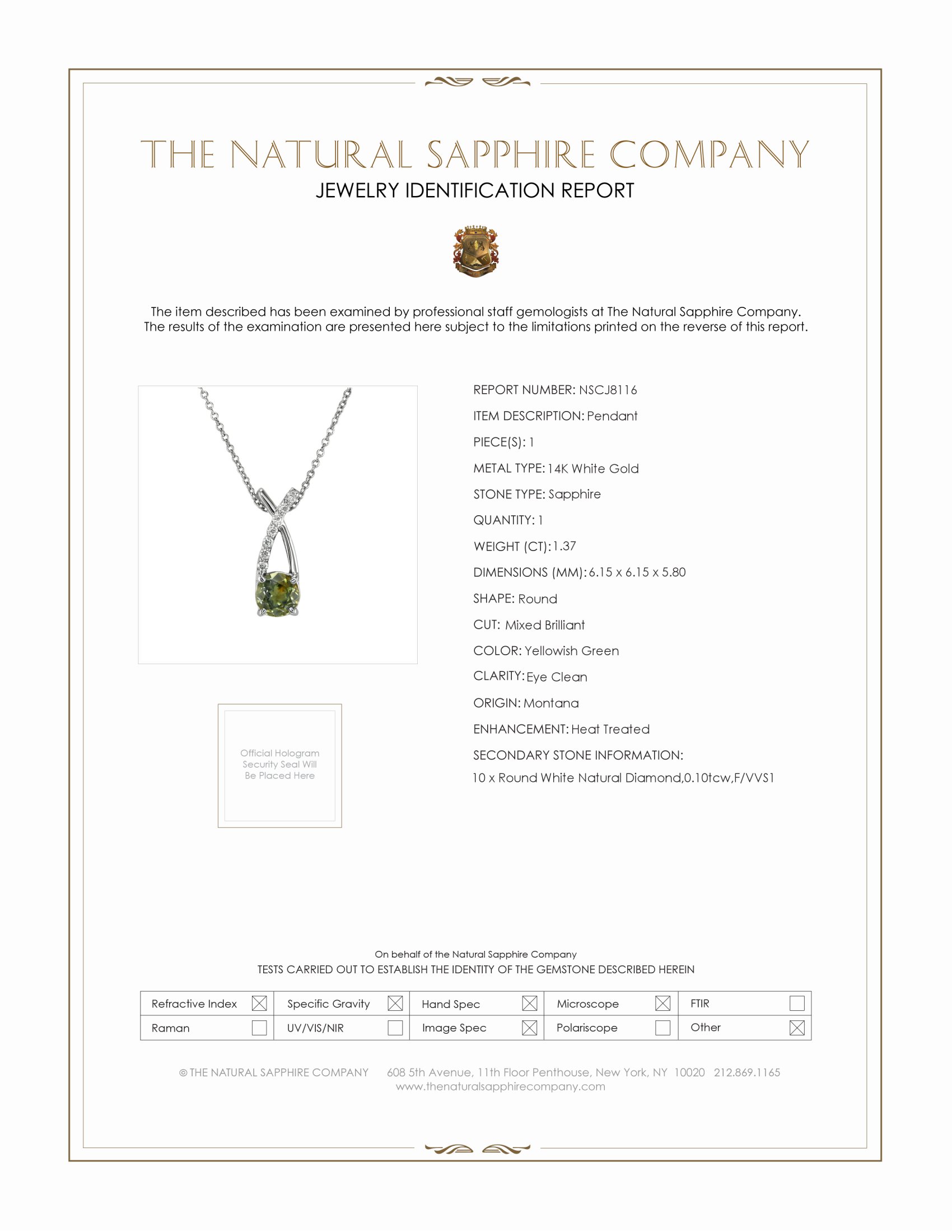 1.37 Ct. Yellowish Green Sapphire and Natural Diamond Accent Stones Pendant, 14K White Gold