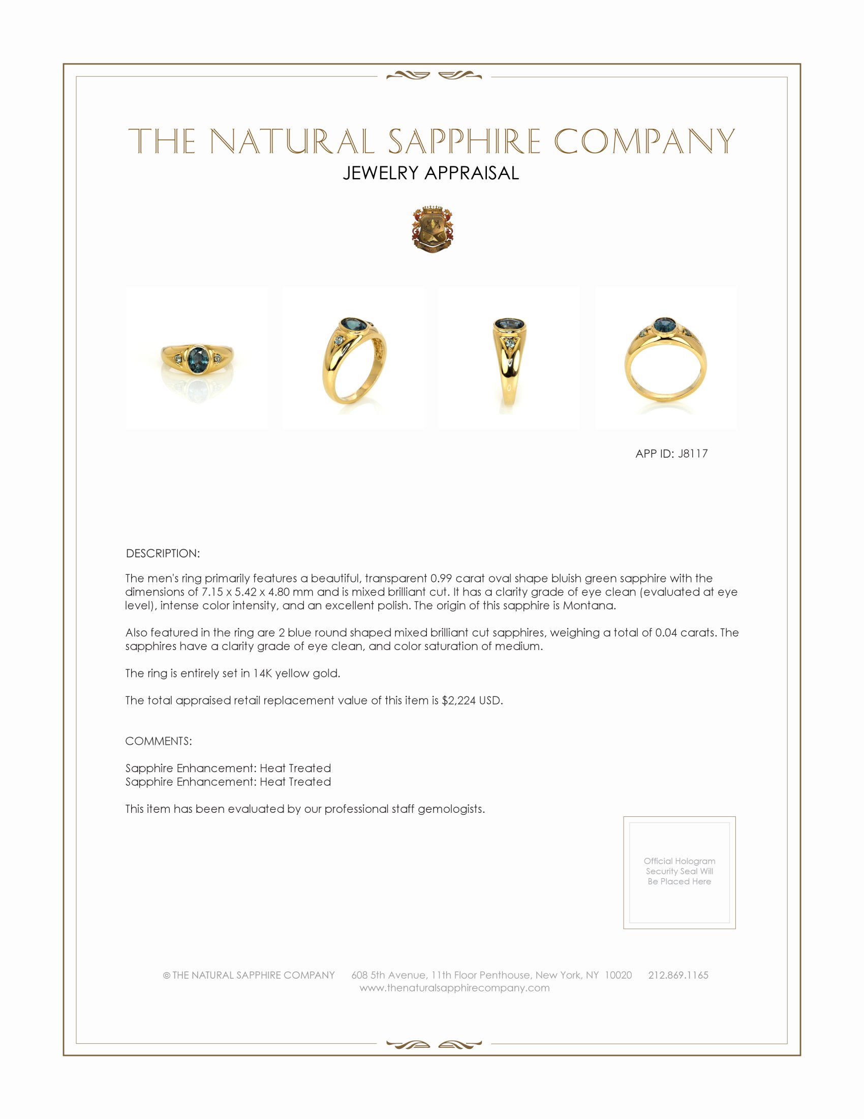 0.99 Ct. Bluish Green Sapphire and Blue Sapphire Men's Ring, 14K Yellow Gold