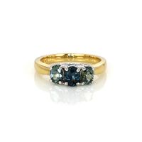 0.63 Ct. Greenish Blue Sapphire and Green Sapphire Three Stone Ring, 14K Yellow Gold Video