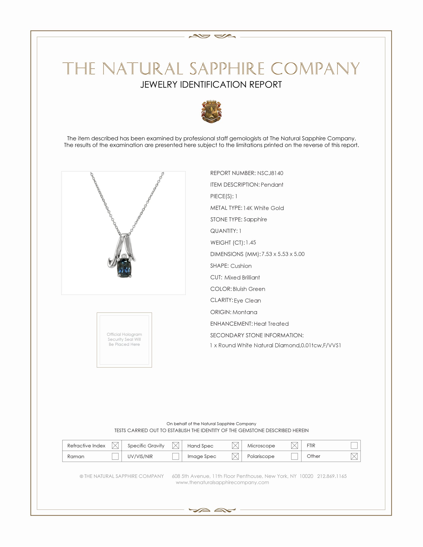 1.45 Ct. Bluish Green Sapphire and Natural Diamond Accent Stones Pendant, 14K White Gold