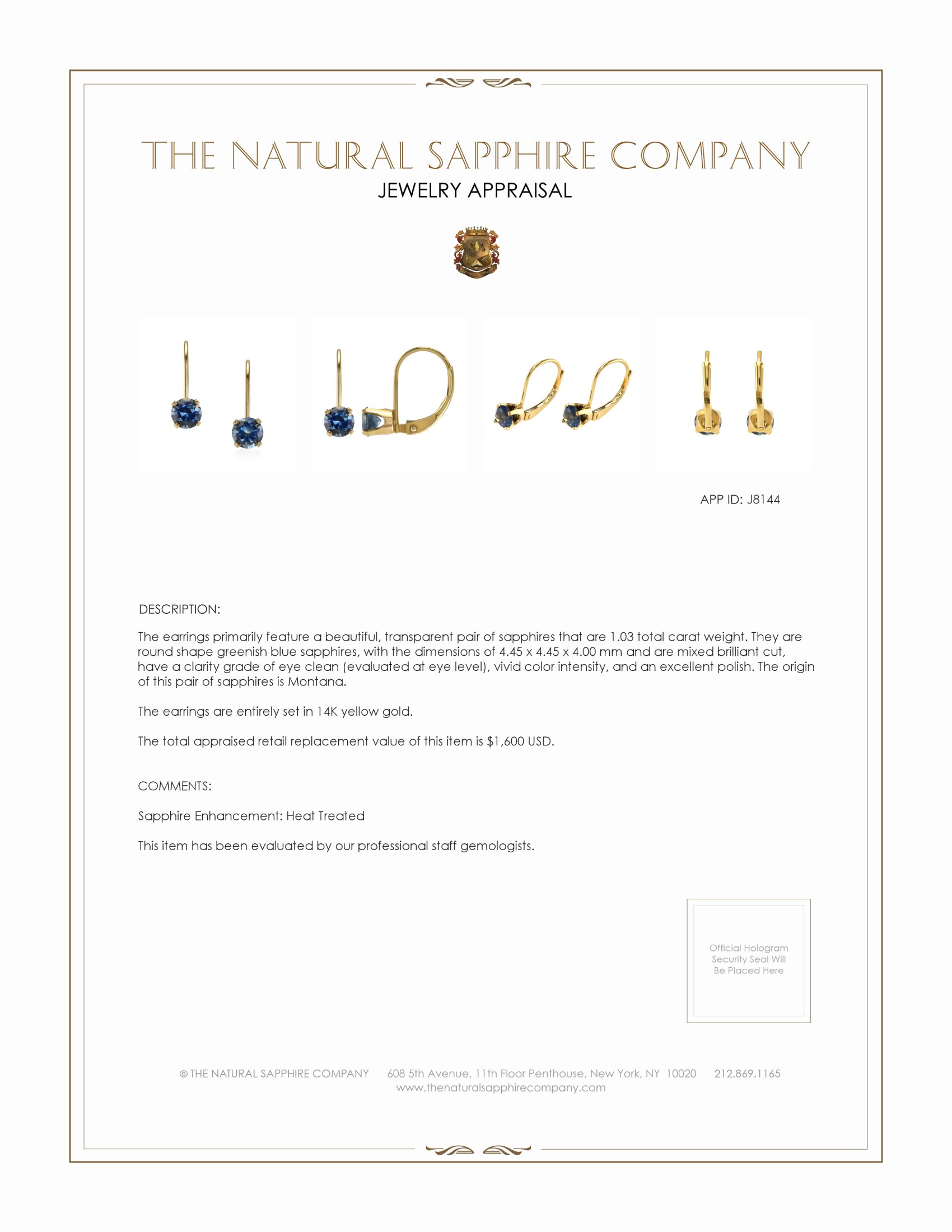 1.03 Ct.Tw. Greenish Blue Sapphire Drops Earrings, 14K Yellow Gold