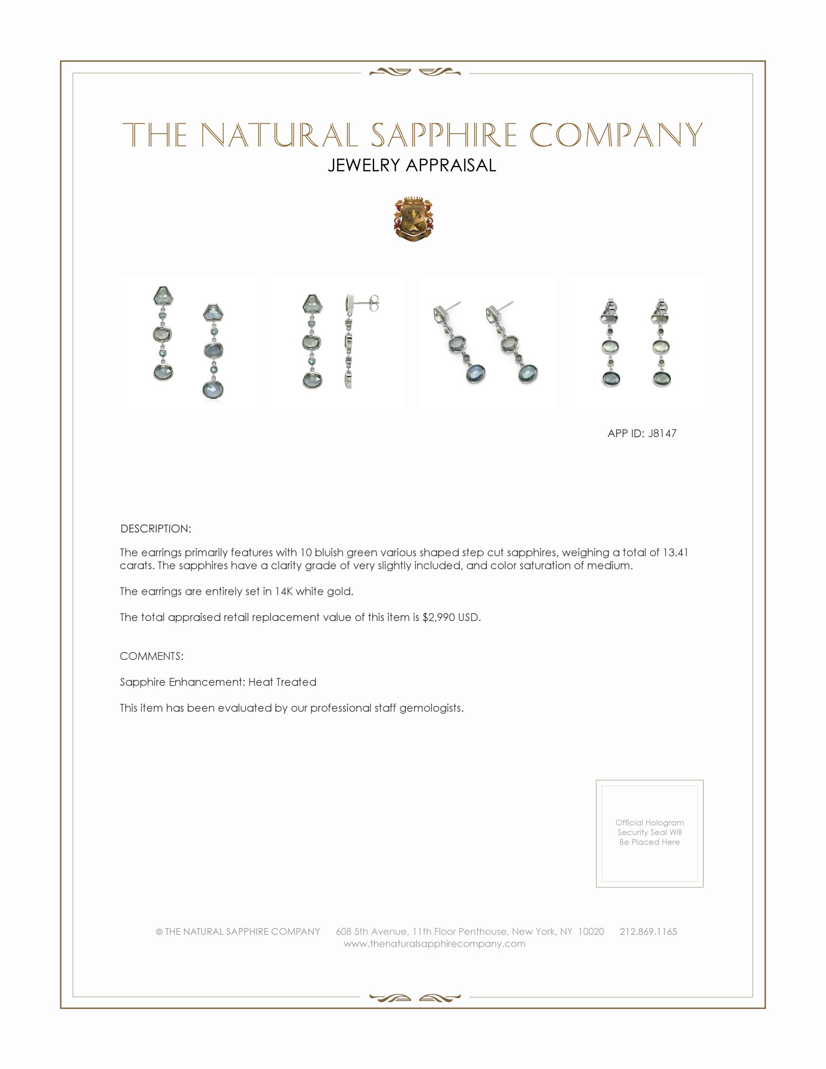 13.41 Ct.Tw. Bluish Green Sapphire Accent Stones Earrings, 14K White Gold