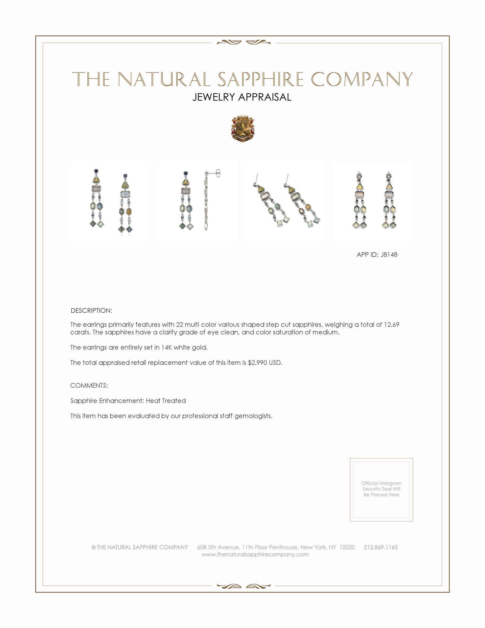 12.69 Ct.Tw. Multi Color Sapphire Accent Stones Earrings, 14K White Gold