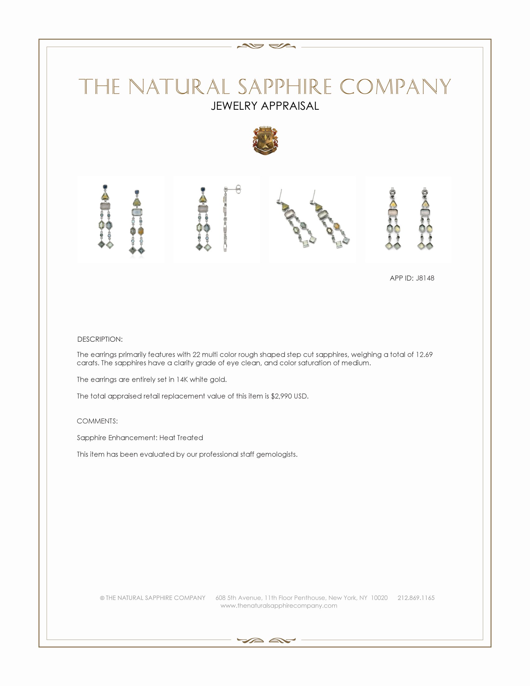 12.69 Ct.Tw. Multi Color Sapphire Accent Stones Earrings, 14K White Gold