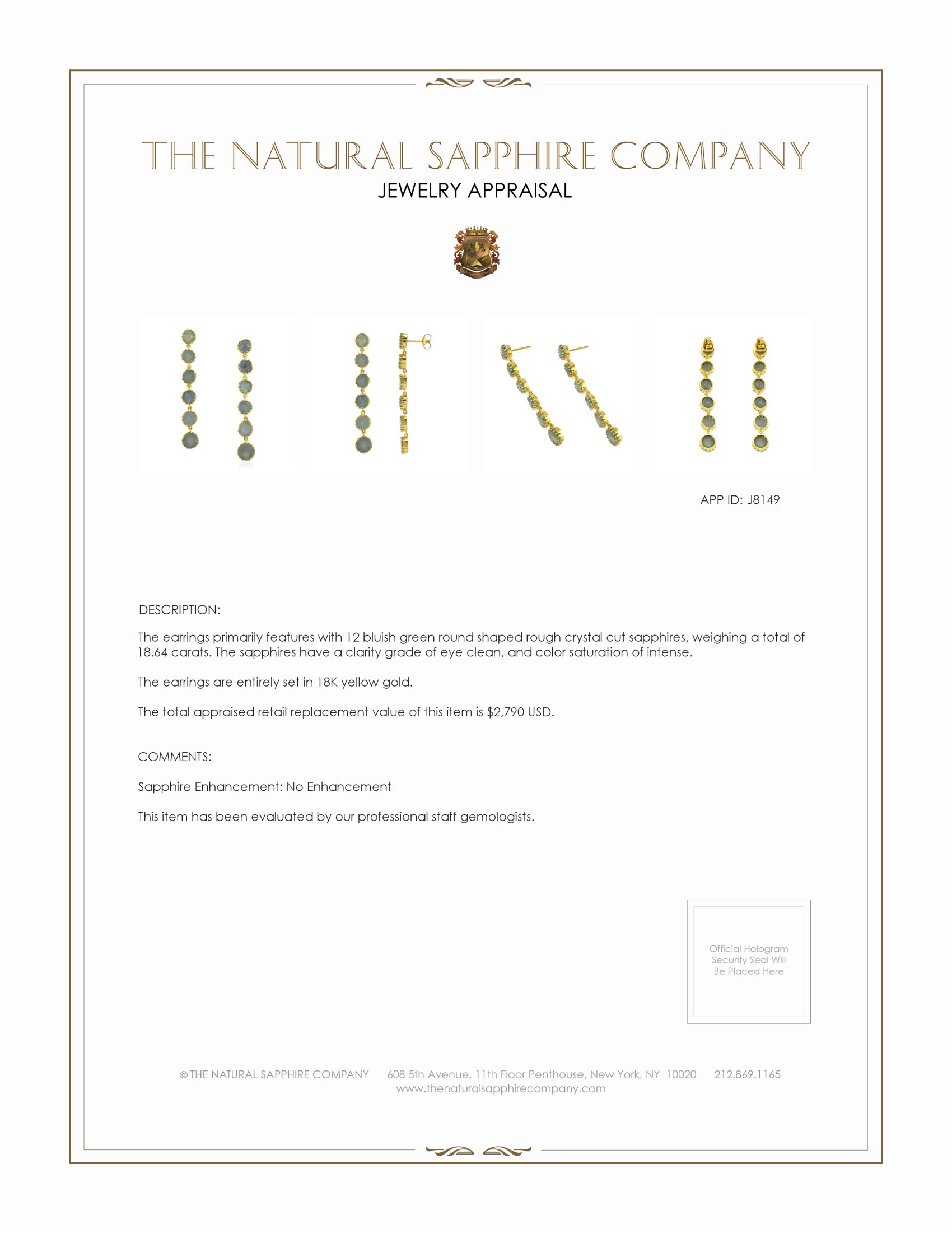 18.64 Ct.Tw. Bluish Green Sapphire Antique Style Earrings, 18K Yellow Gold