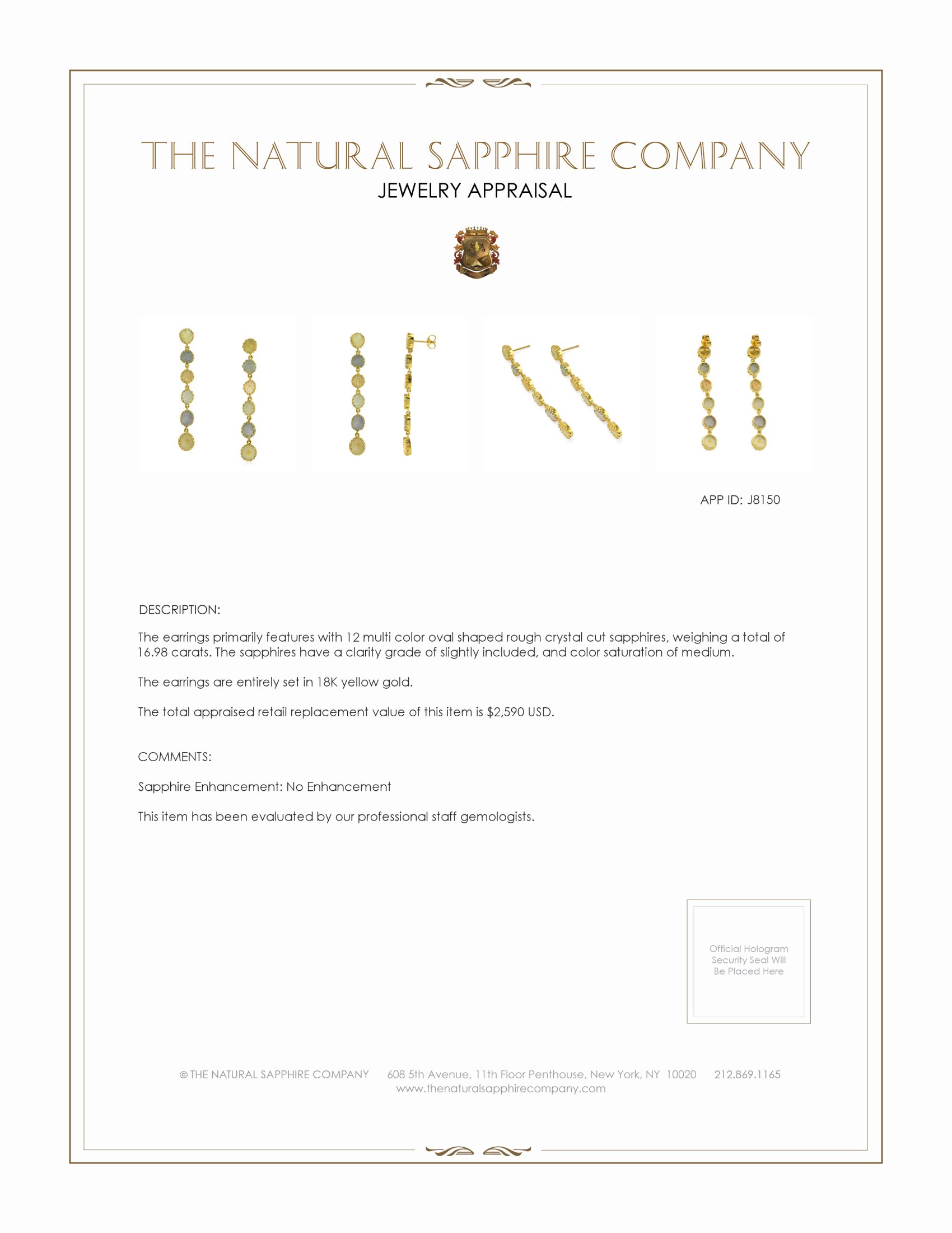 16.98 Ct.Tw. Multi Color Sapphire Antique Style Earrings, 18K Yellow Gold